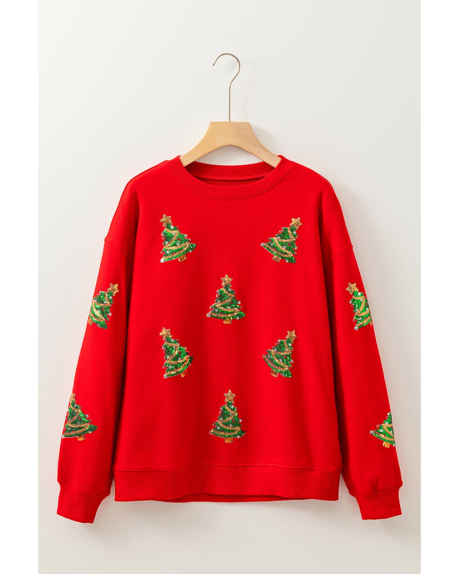 Red Sequin Christmas Tree Graphic Drop Shoulder Sweatshirt - L