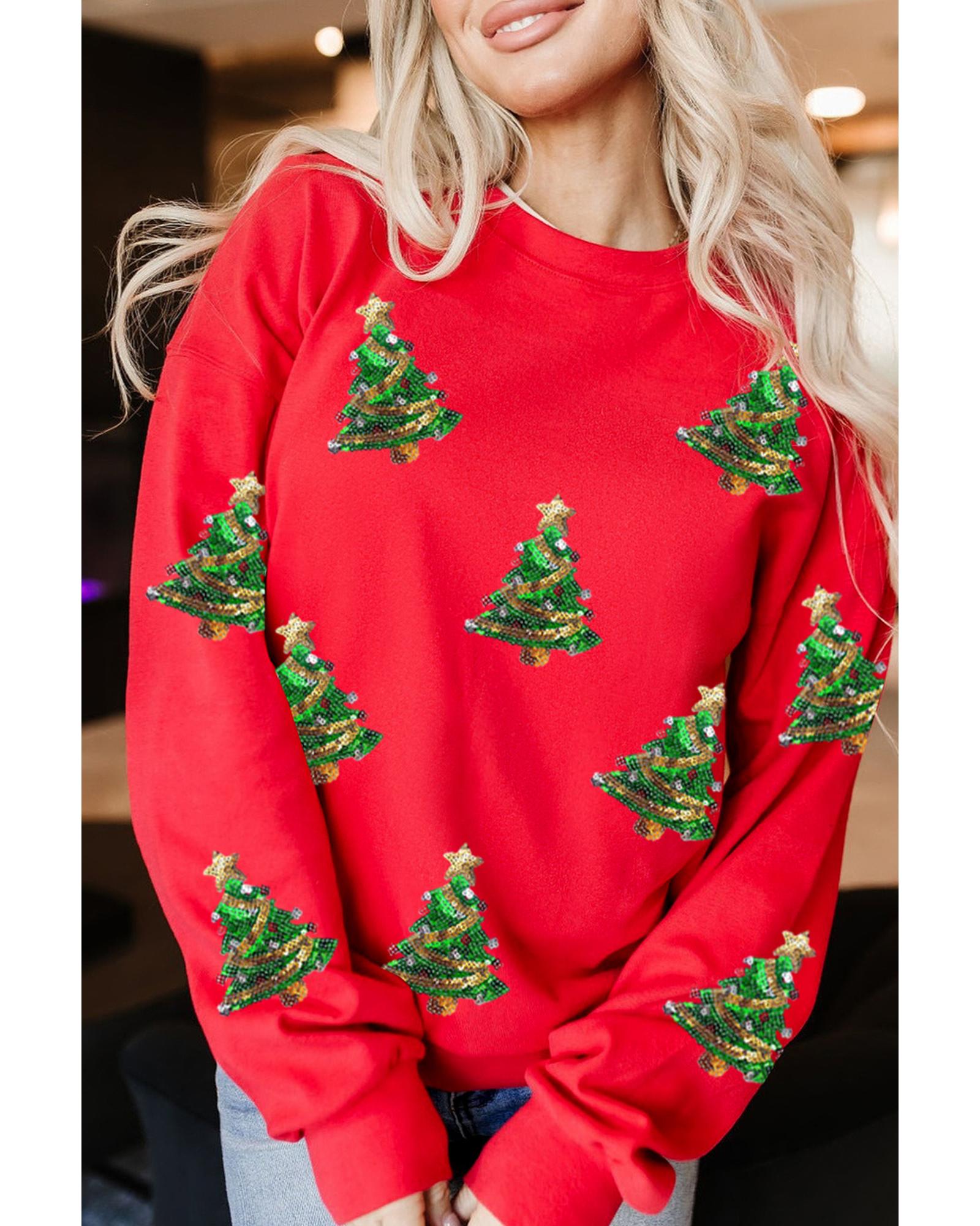 Red Sequin Christmas Tree Graphic Drop Shoulder Sweatshirt - L