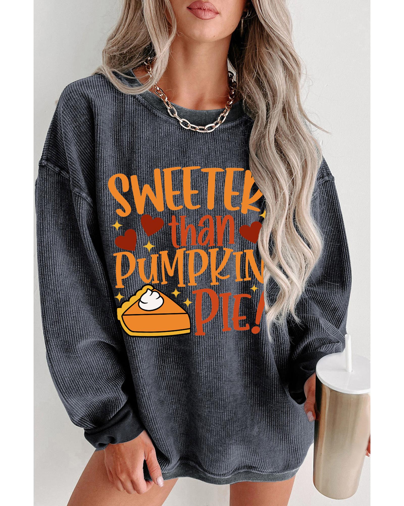 Gray Sweeter Than Pumpkin Pie Graphic Thanksgiving Corded Sweatshirt - L