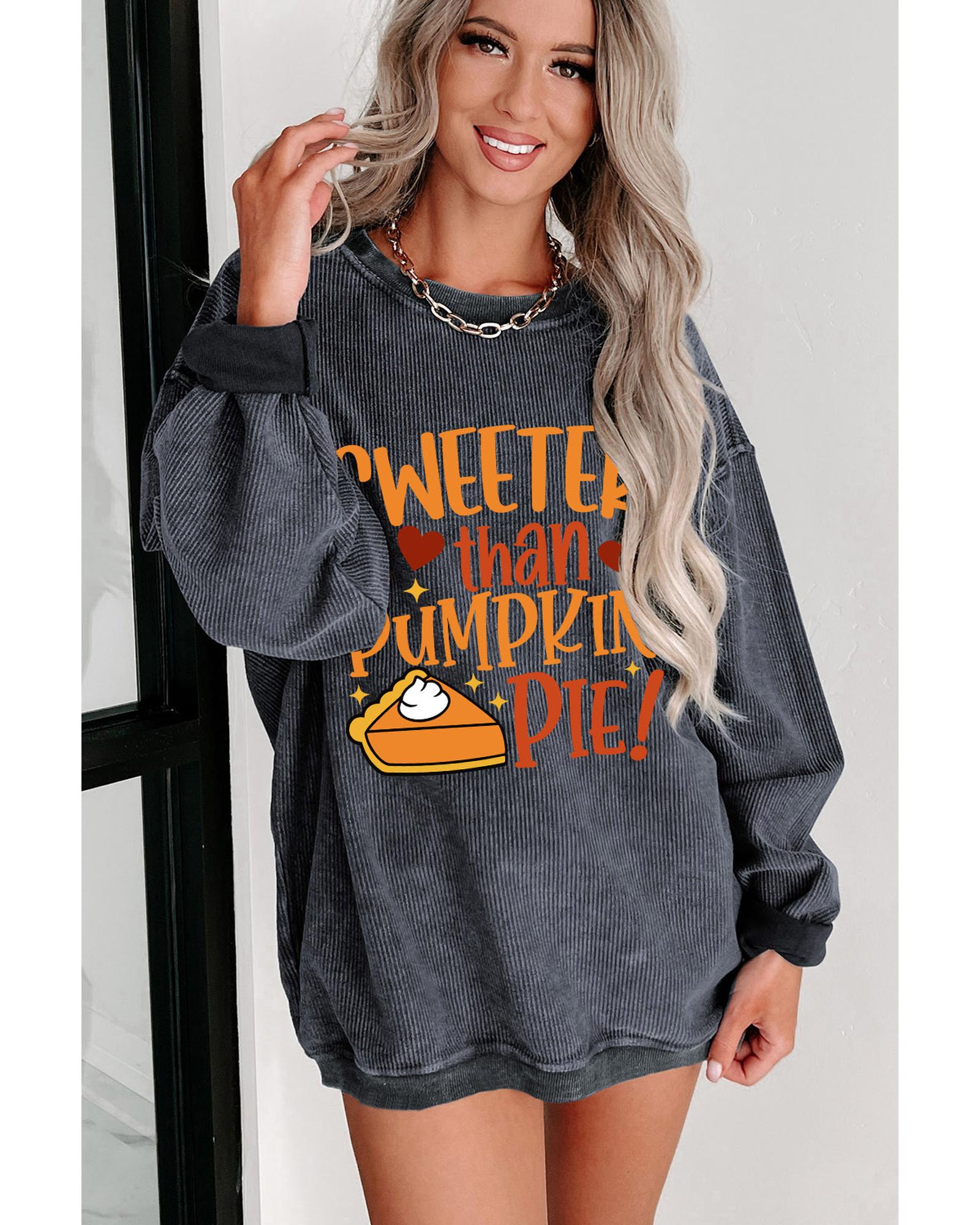 Gray Sweeter Than Pumpkin Pie Graphic Thanksgiving Corded Sweatshirt - M