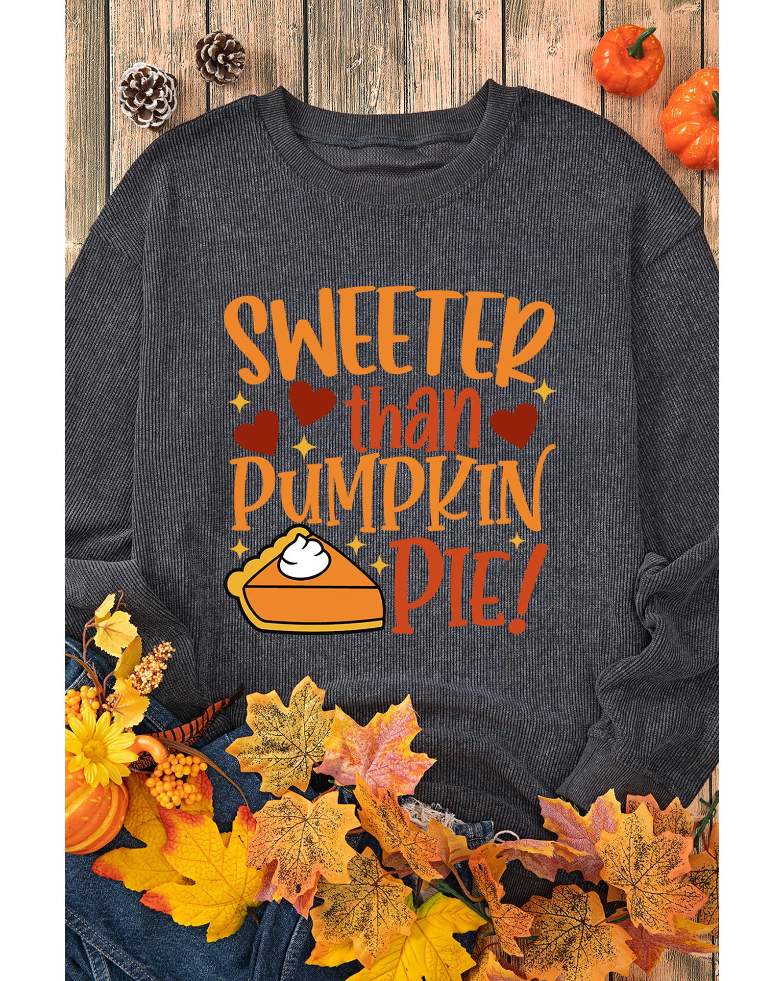 Gray Sweeter Than Pumpkin Pie Graphic Thanksgiving Corded Sweatshirt - M