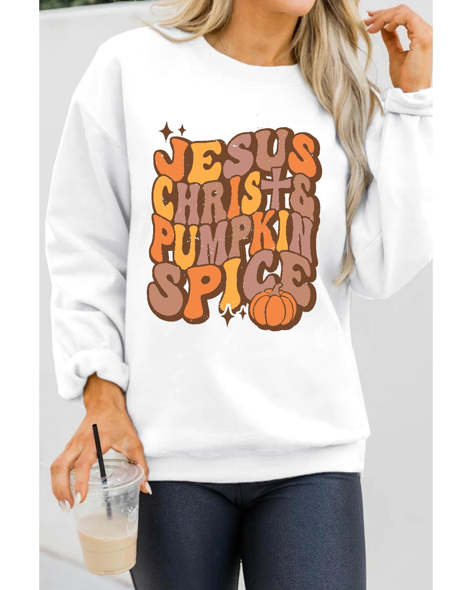 Beige JESUS CHRISH & PUMPKIN SPICE Graphic Drop Shoulder Sweatshirt - XL