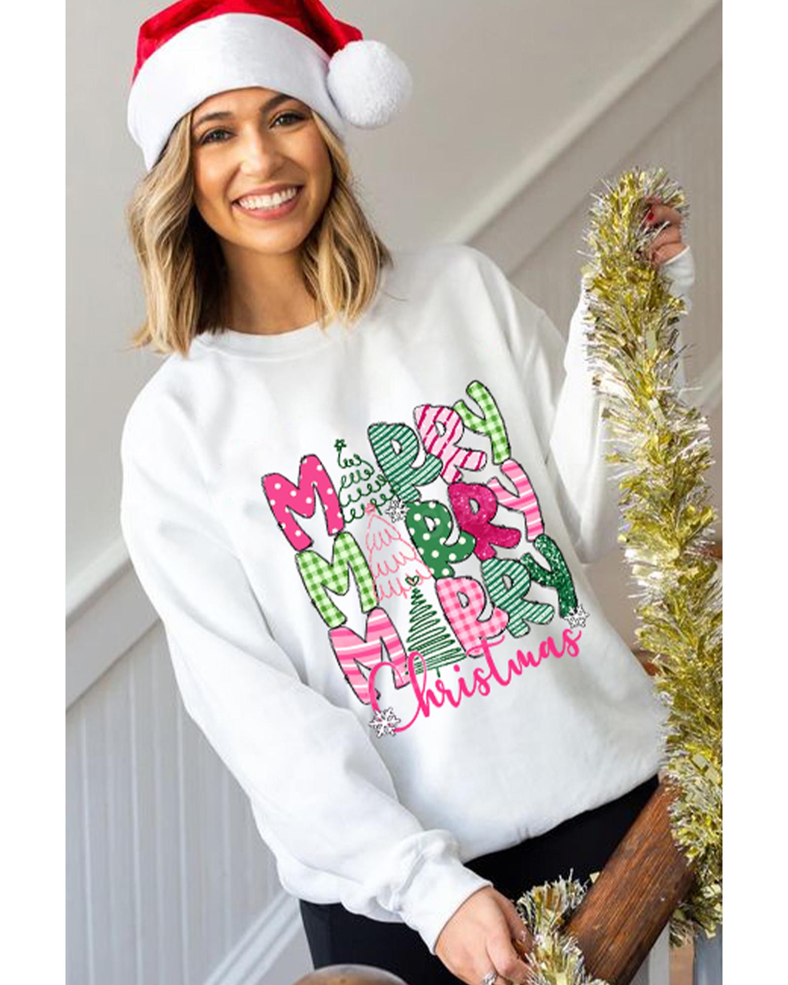 Beige MERRY Christmas Printed Drop Shoulder Pullover Sweatshirt - S