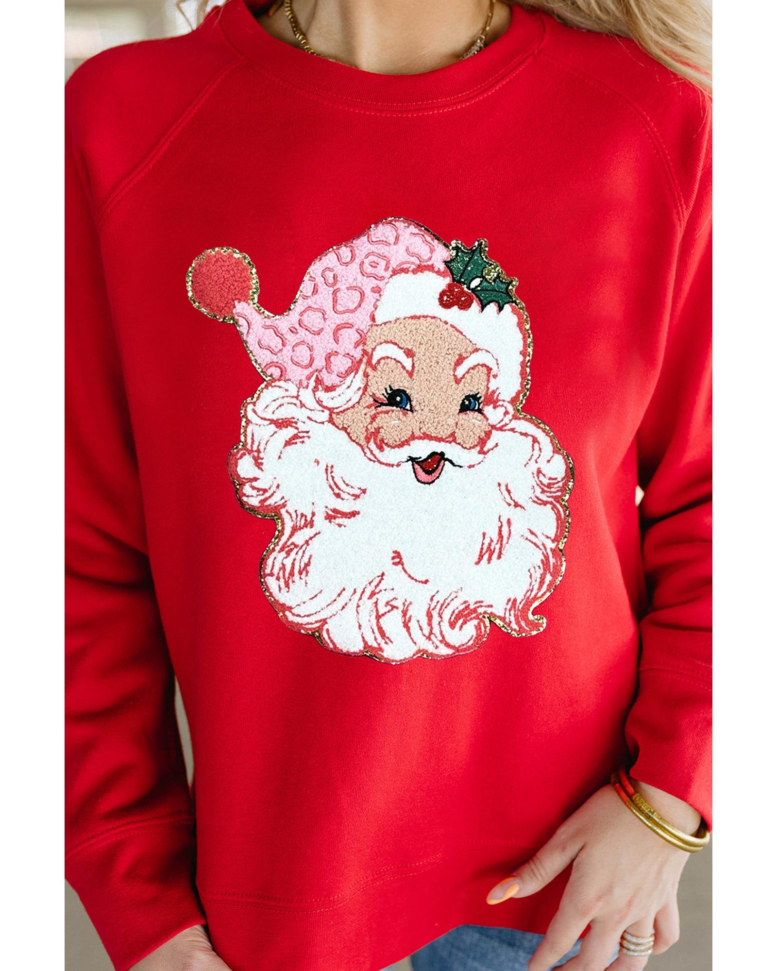 Red Santa Claus Graphic Crewneck Raglan Sleeve Christmas Sweatshirt - M