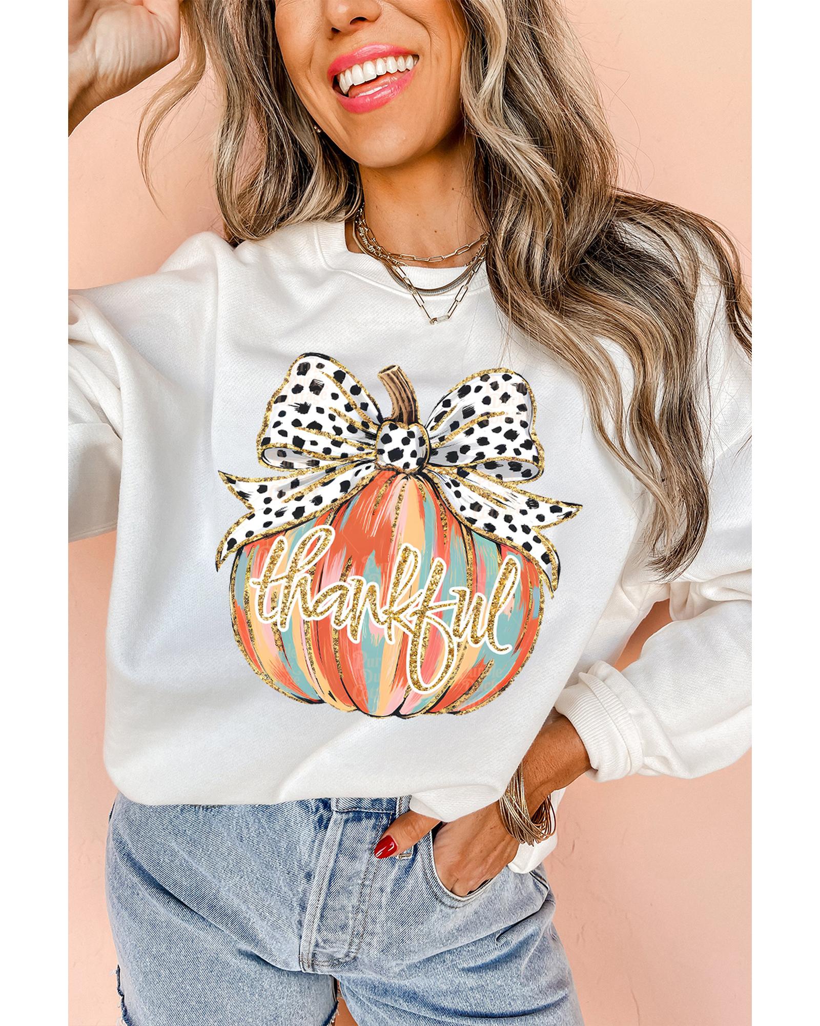 Beige Polka Dot Bow Knot Pumpkin Print Thanksgiving Sweatshirt - XL