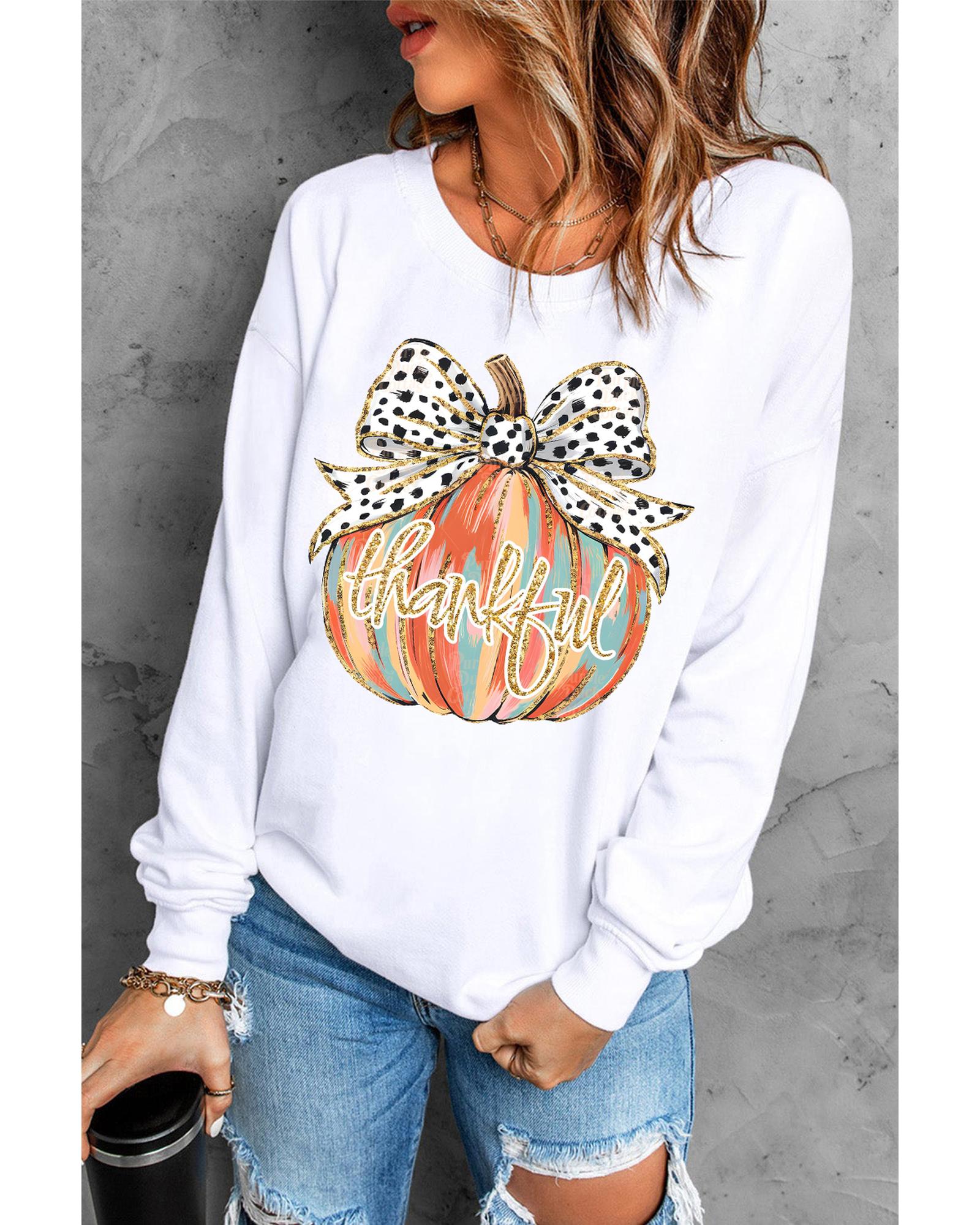 Beige Polka Dot Bow Knot Pumpkin Print Thanksgiving Sweatshirt - XL