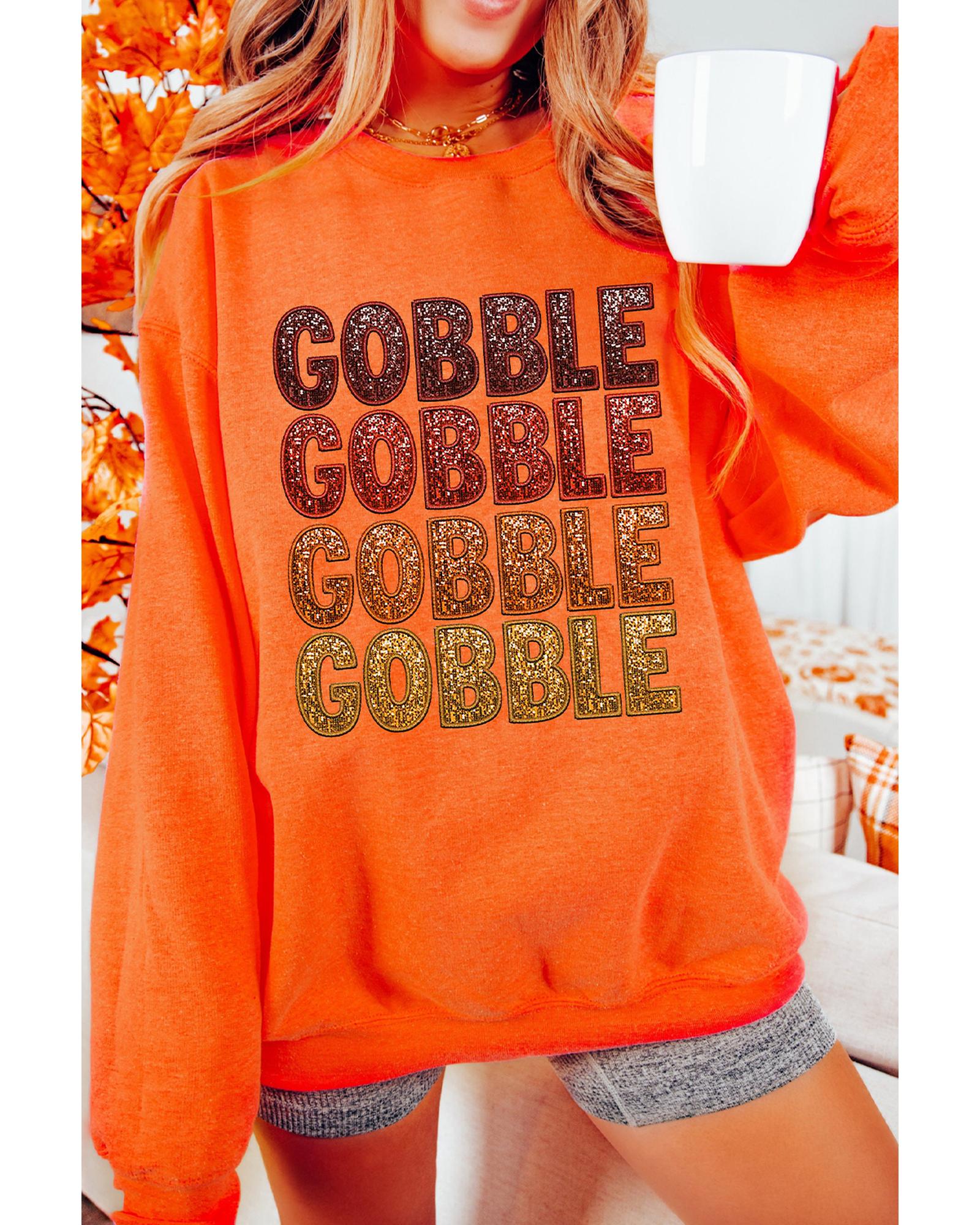 Orange Thanksgiving GOBBLE Print Round Neck Pullover Sweatshirt - L