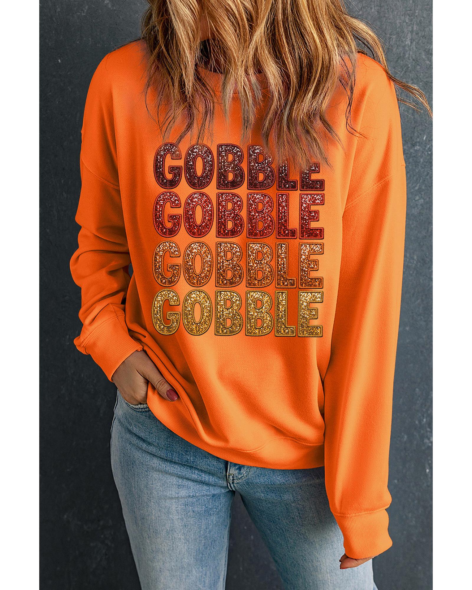 Orange Thanksgiving GOBBLE Print Round Neck Pullover Sweatshirt - L