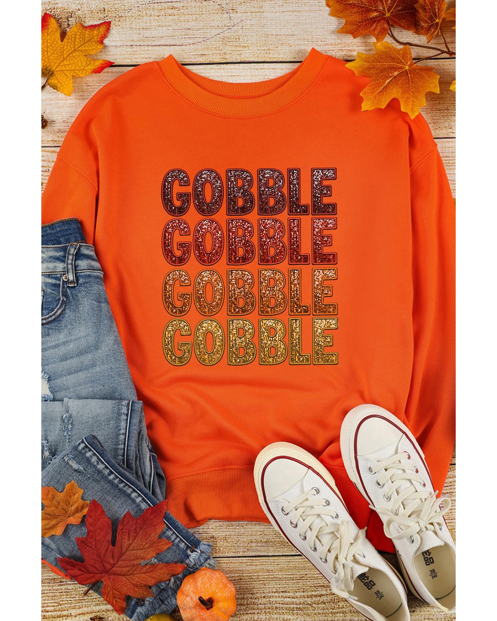Orange Thanksgiving GOBBLE Print Round Neck Pullover Sweatshirt - L
