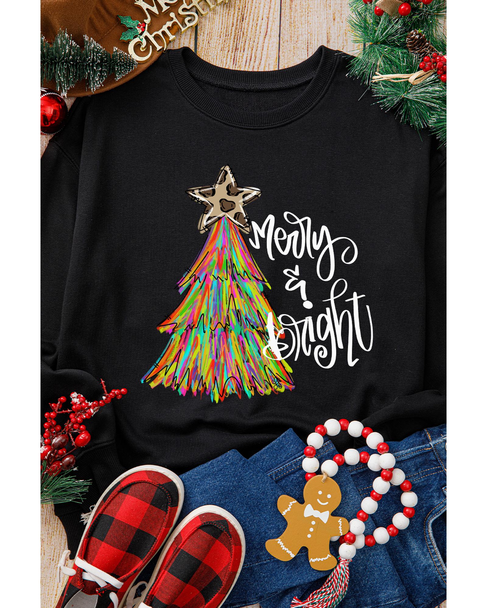 Black Merry & Bright Christmas Tree Graphic Sweatshirt - M