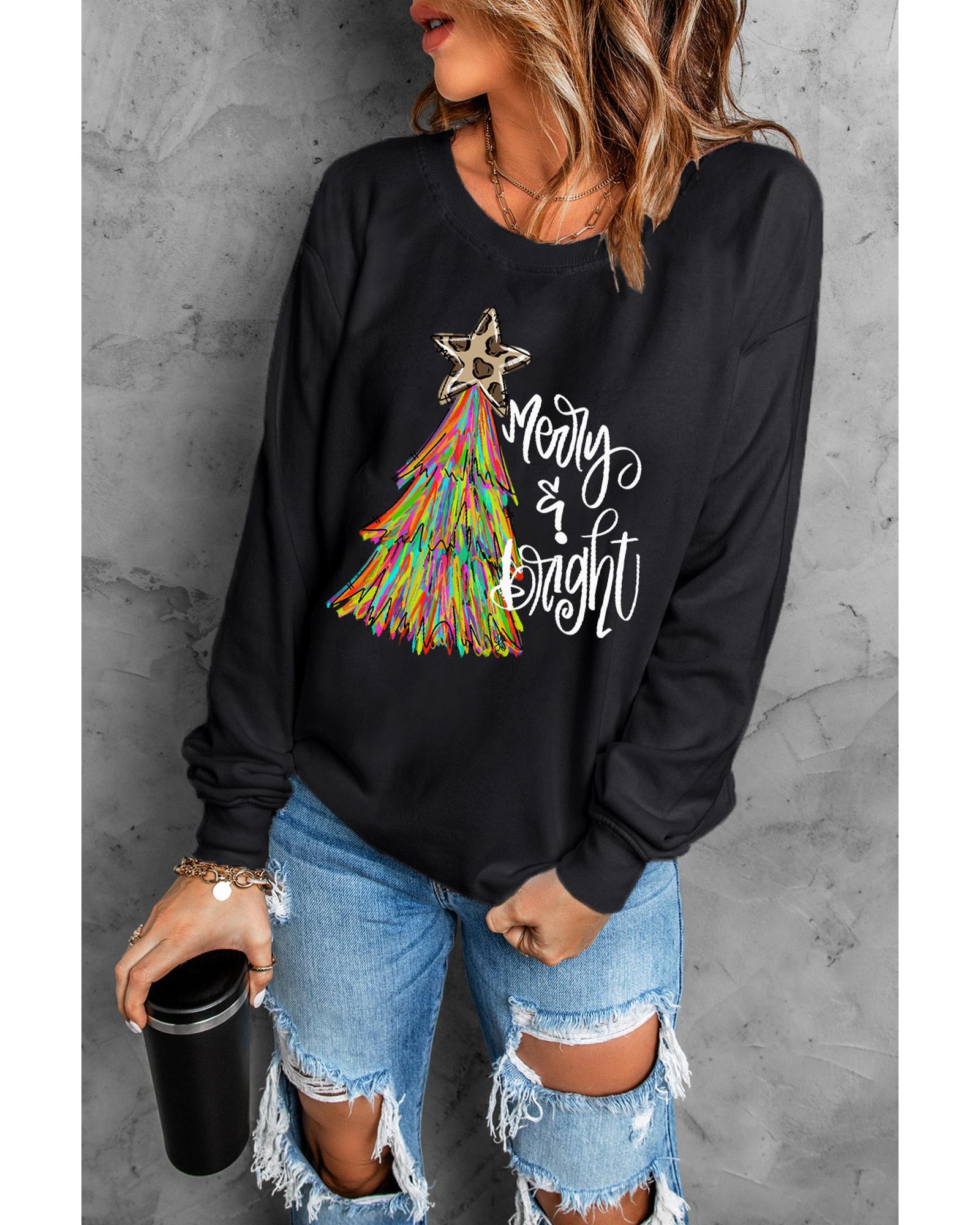 Black Merry & Bright Christmas Tree Graphic Sweatshirt - S