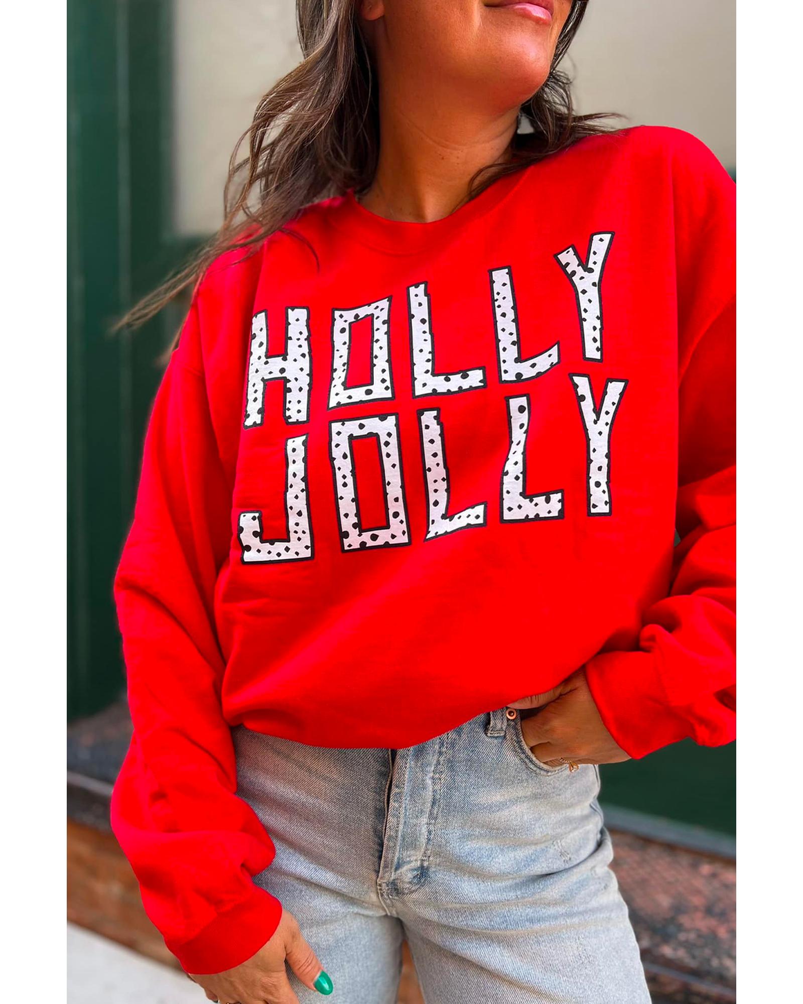 Red HOLLY JOLLY Dotty Letter Graphic Christmas Sweatshirt - L