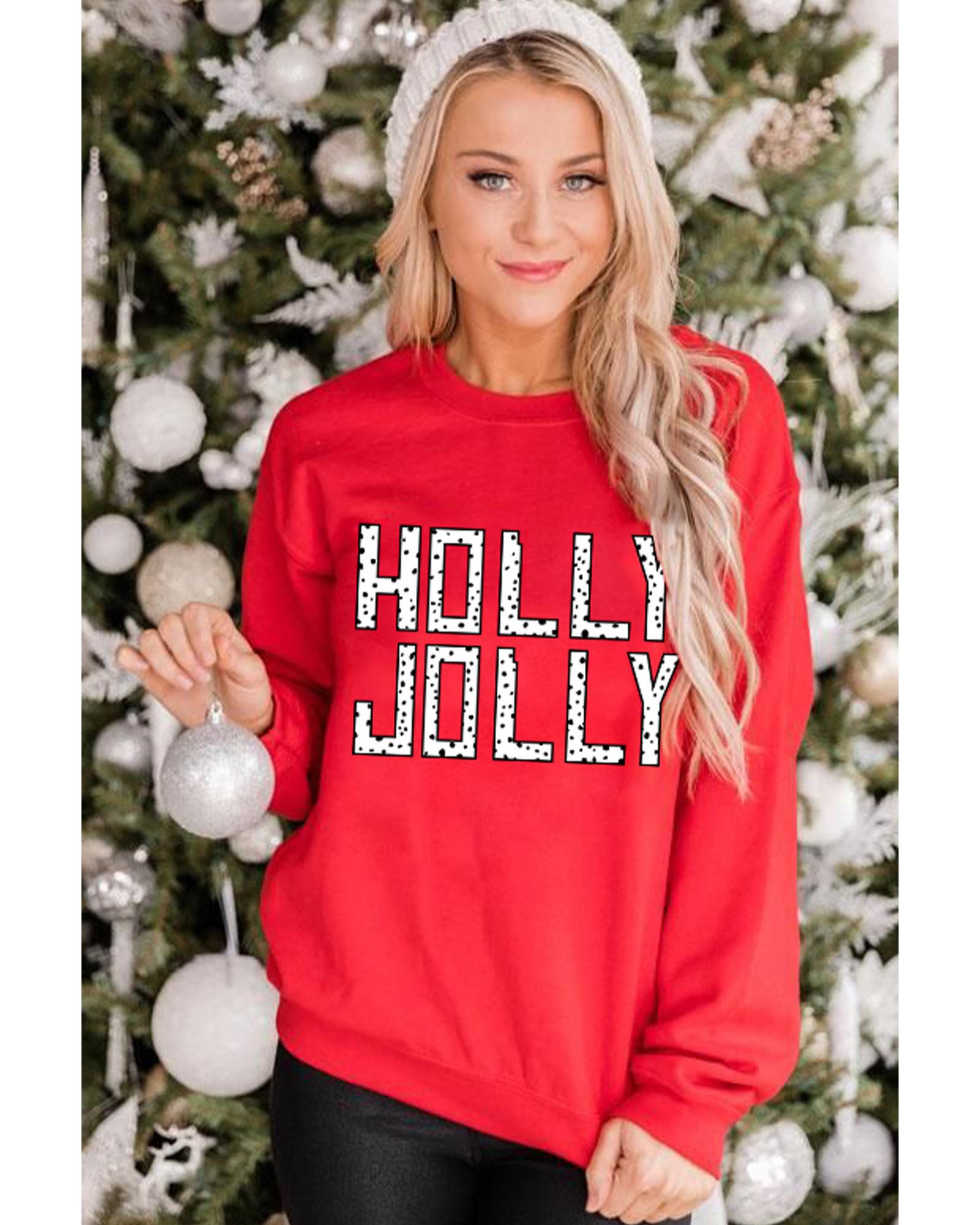 Red HOLLY JOLLY Dotty Letter Graphic Christmas Sweatshirt - L