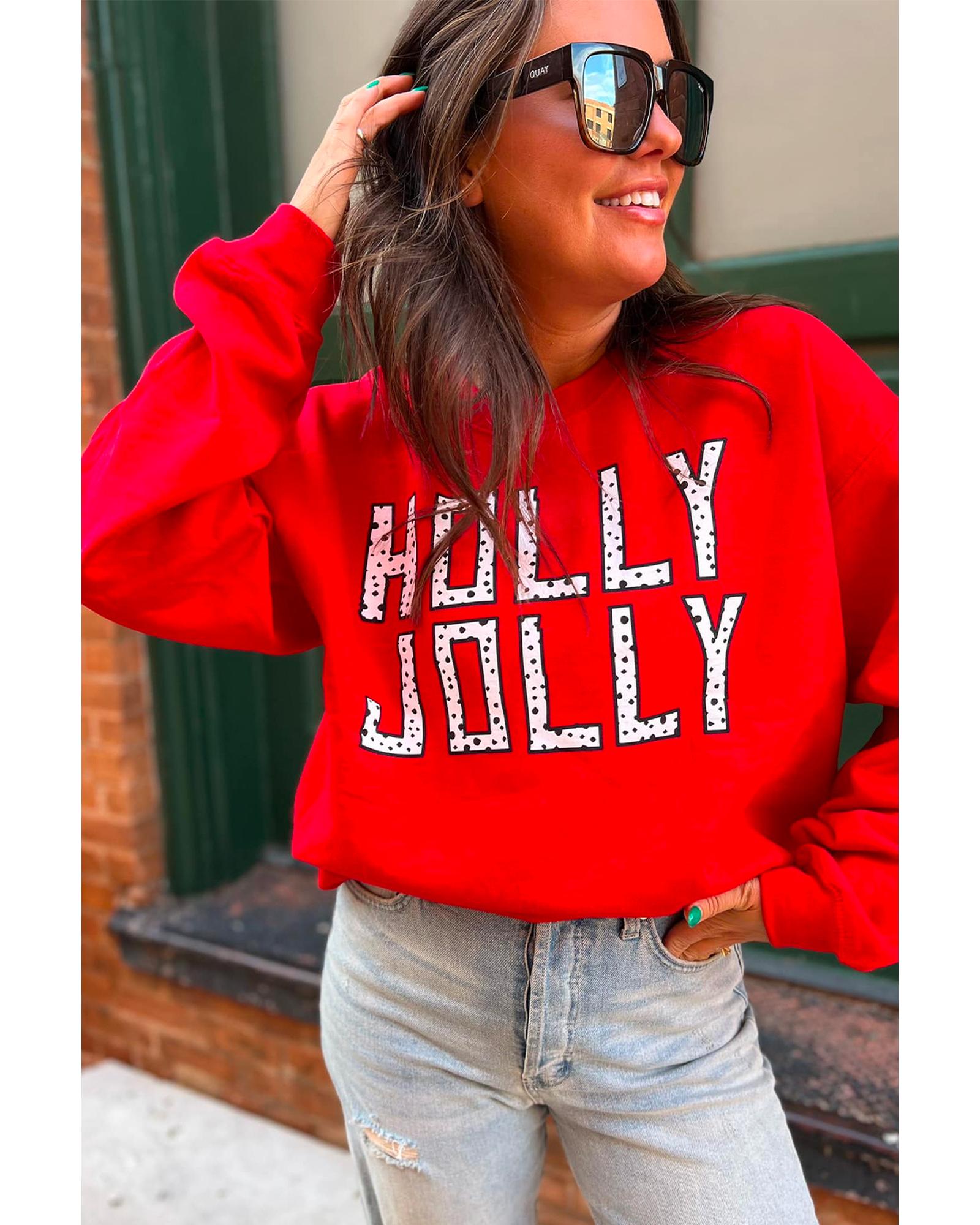 Red HOLLY JOLLY Dotty Letter Graphic Christmas Sweatshirt - M