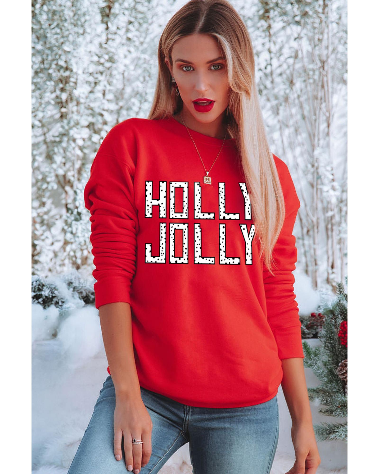 Red HOLLY JOLLY Dotty Letter Graphic Christmas Sweatshirt - S