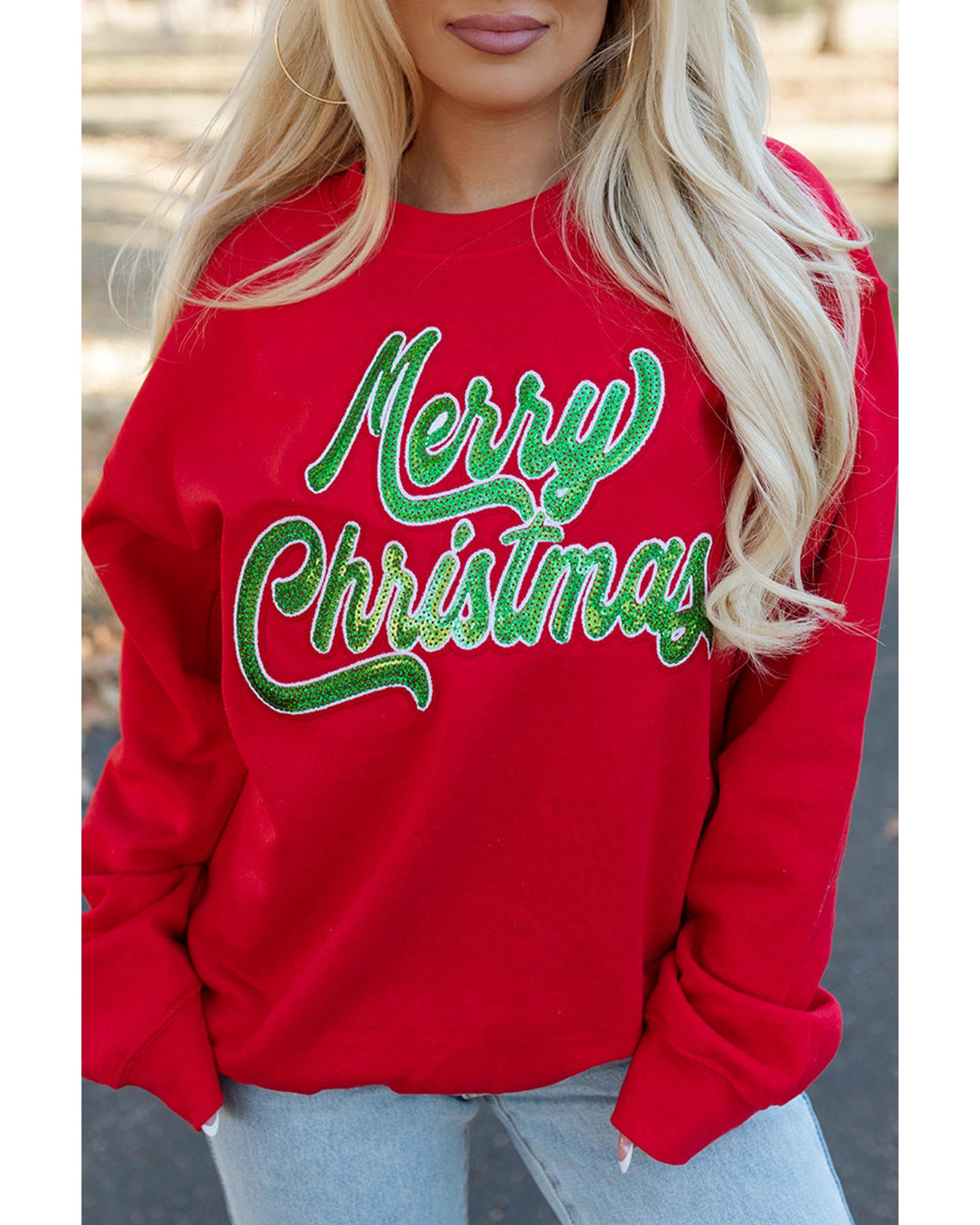 Red Merry Christmas Crewneck Drop Shoulder Loose Sweatshirt - M