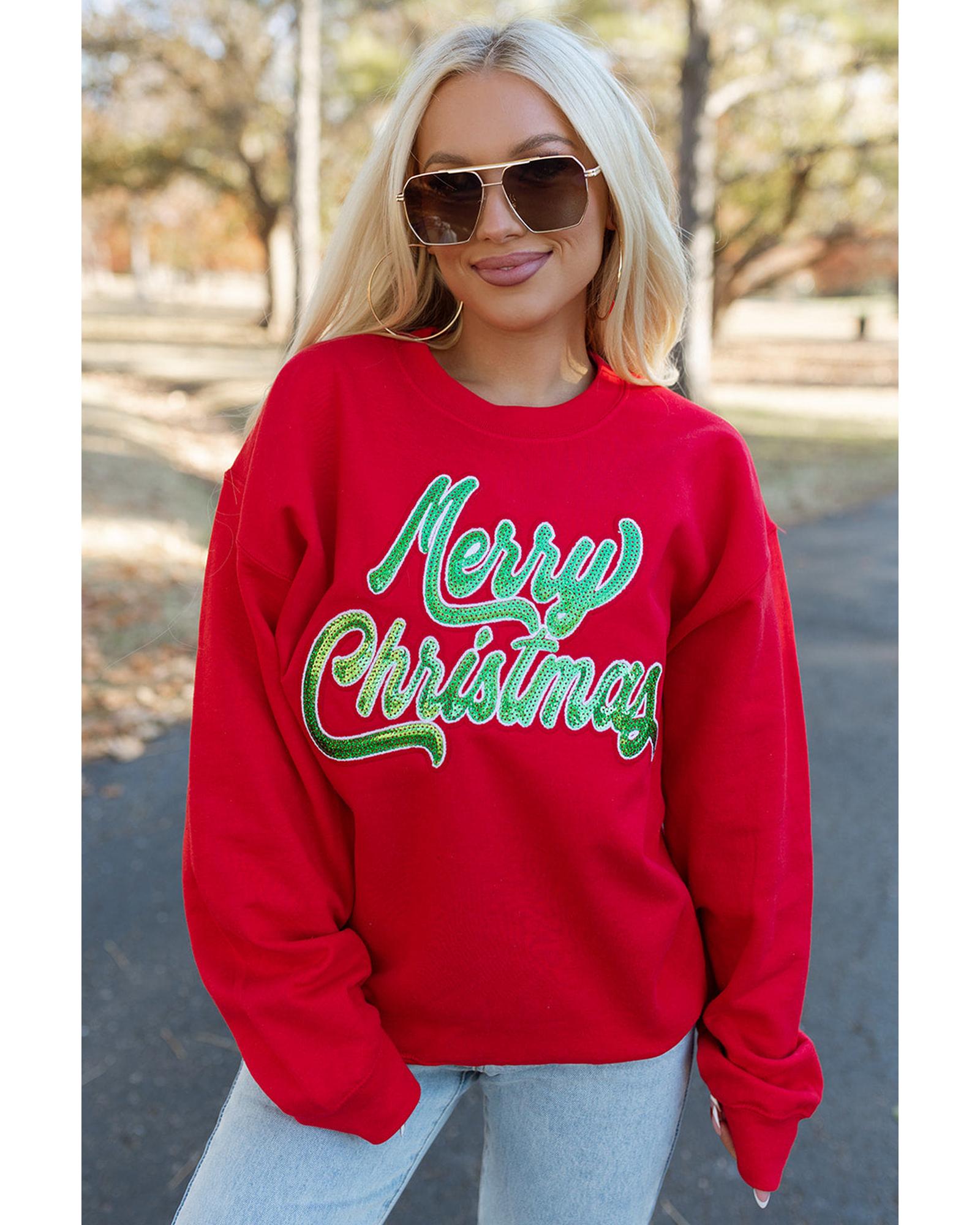 Red Merry Christmas Crewneck Drop Shoulder Loose Sweatshirt - M