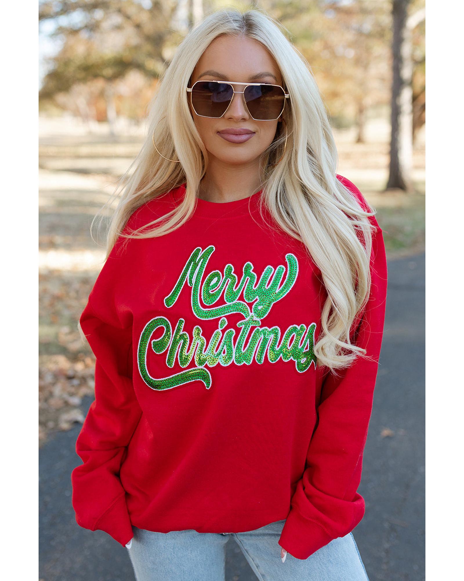 Red Merry Christmas Crewneck Drop Shoulder Loose Sweatshirt - M