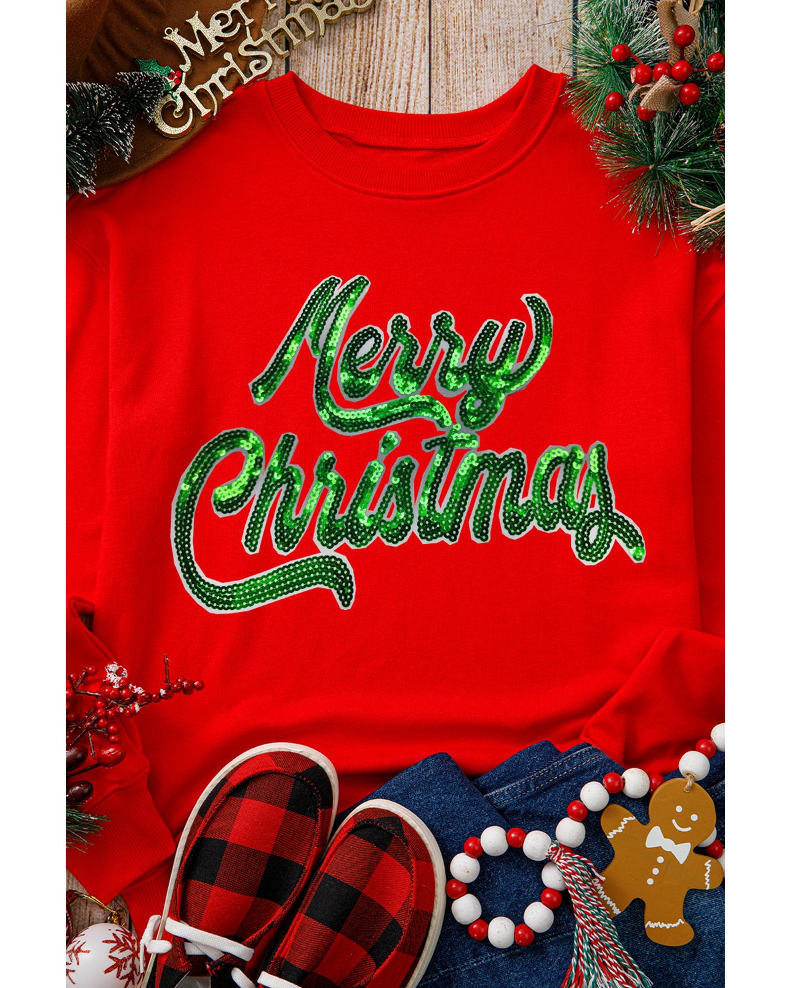 Red Merry Christmas Crewneck Drop Shoulder Loose Sweatshirt - M