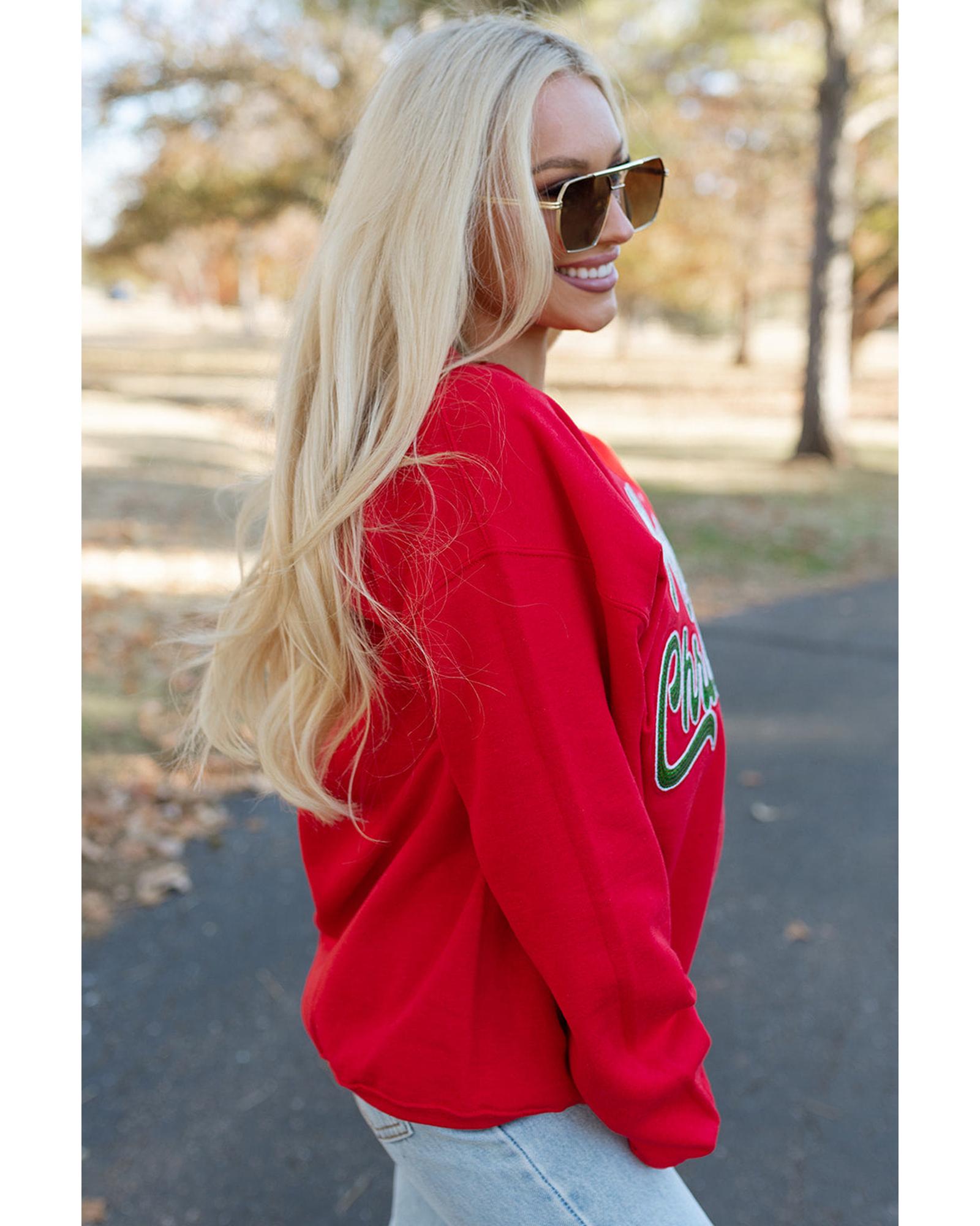 Red Merry Christmas Crewneck Drop Shoulder Loose Sweatshirt - M