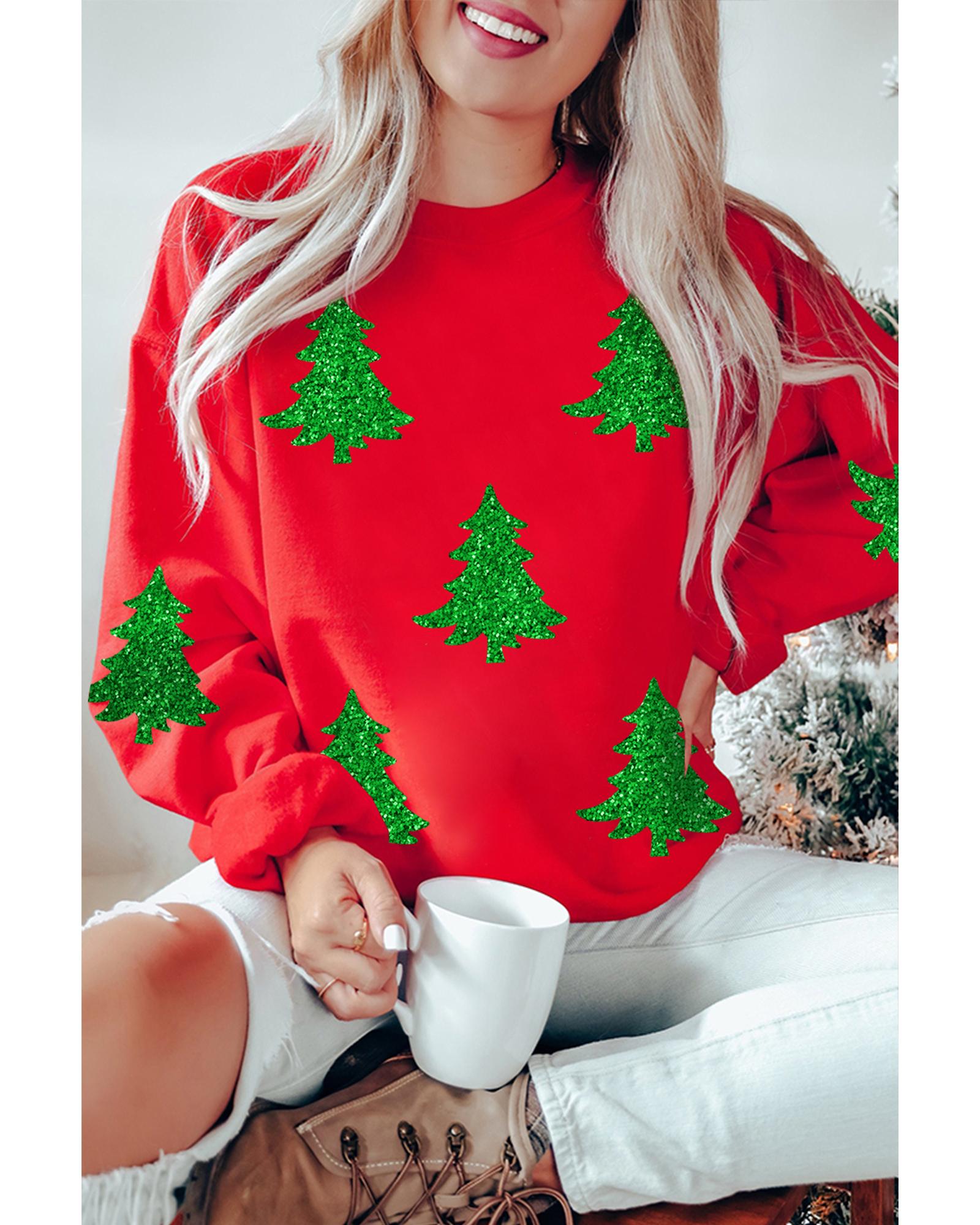 Red Christmas Tree Printed Holiday Fashion Sweatshirt - S
