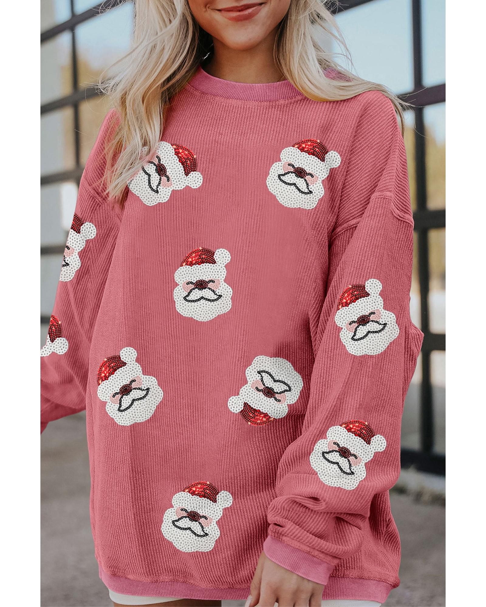 Strawberry Pink Sequin Santa Clause Christmas Corded Sweatshirt - XL