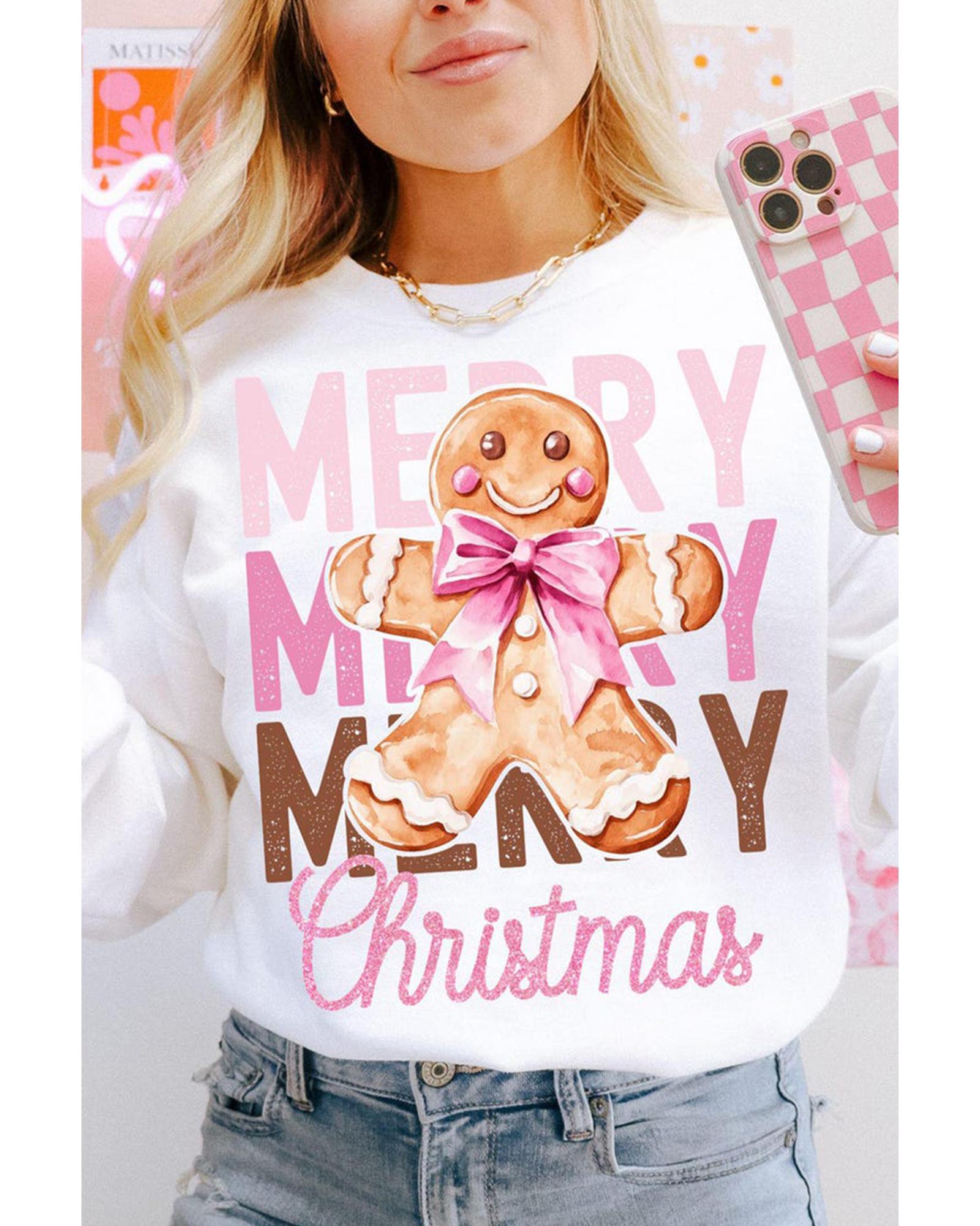 Beige Merry Christmas Gingerbread Man Graphic Sweatshirt - M