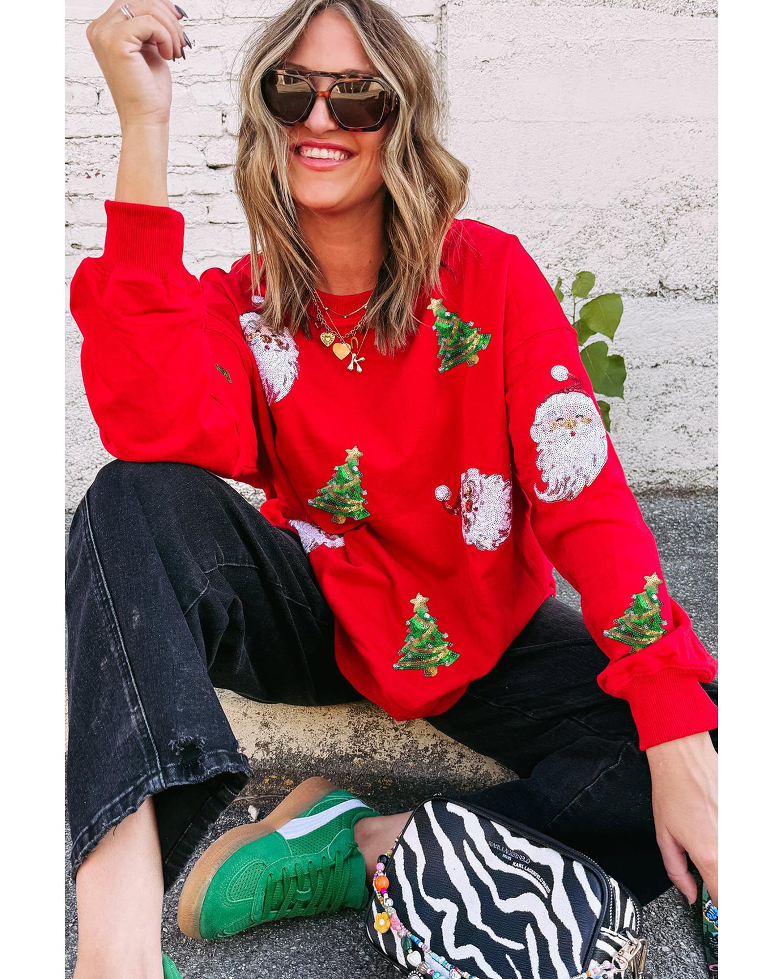 Red Santa Claus Christmas Tree Patched Pattern Drop Shoulder Sweatshirt - M