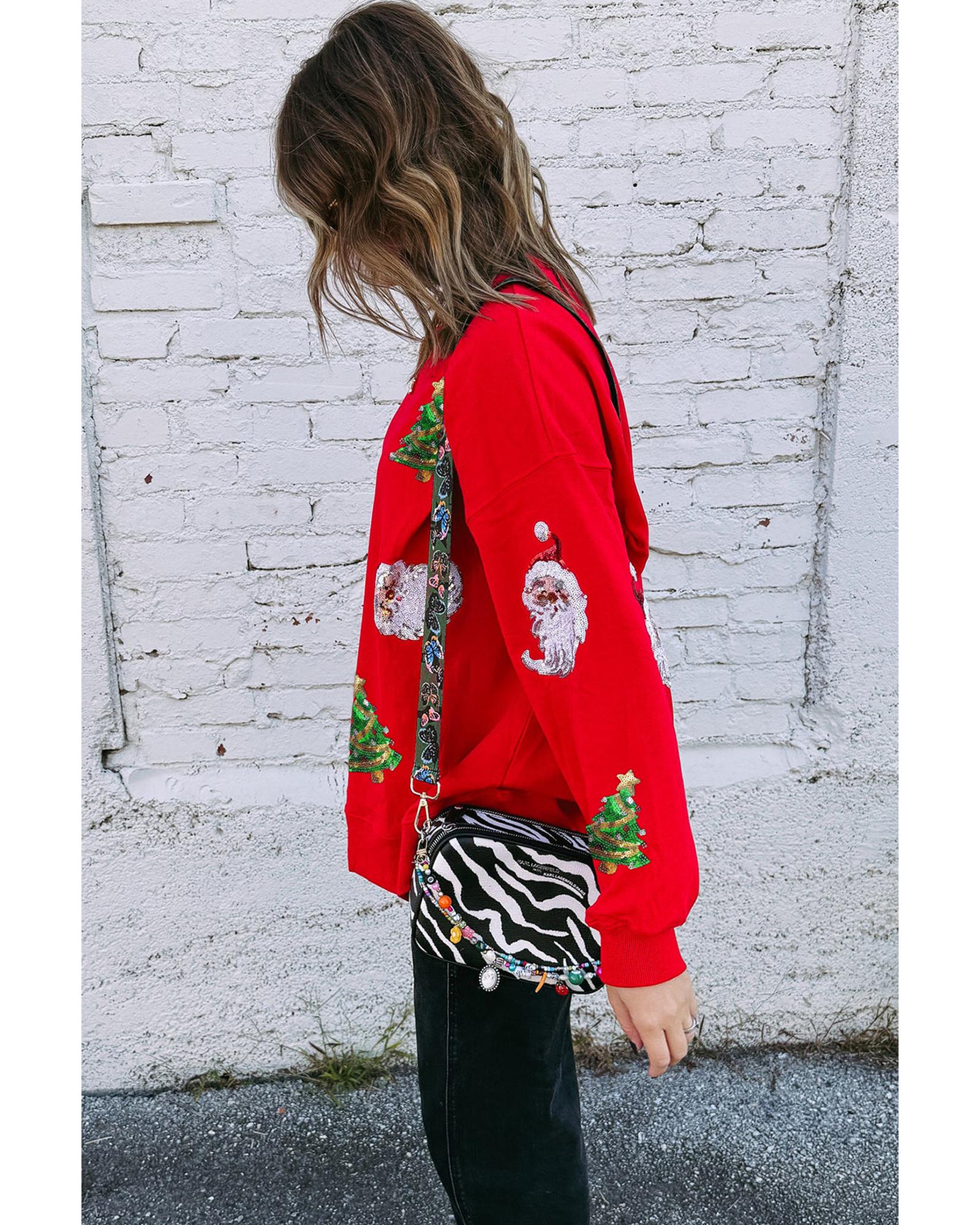Red Santa Claus Christmas Tree Patched Pattern Drop Shoulder Sweatshirt - M