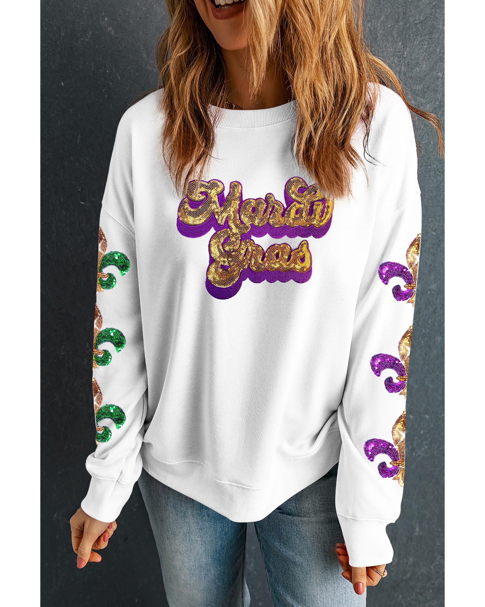 Beige Sequin Mardi Gras Patched Pattern Fleur de Lis Sleeve Sweatshirt - S