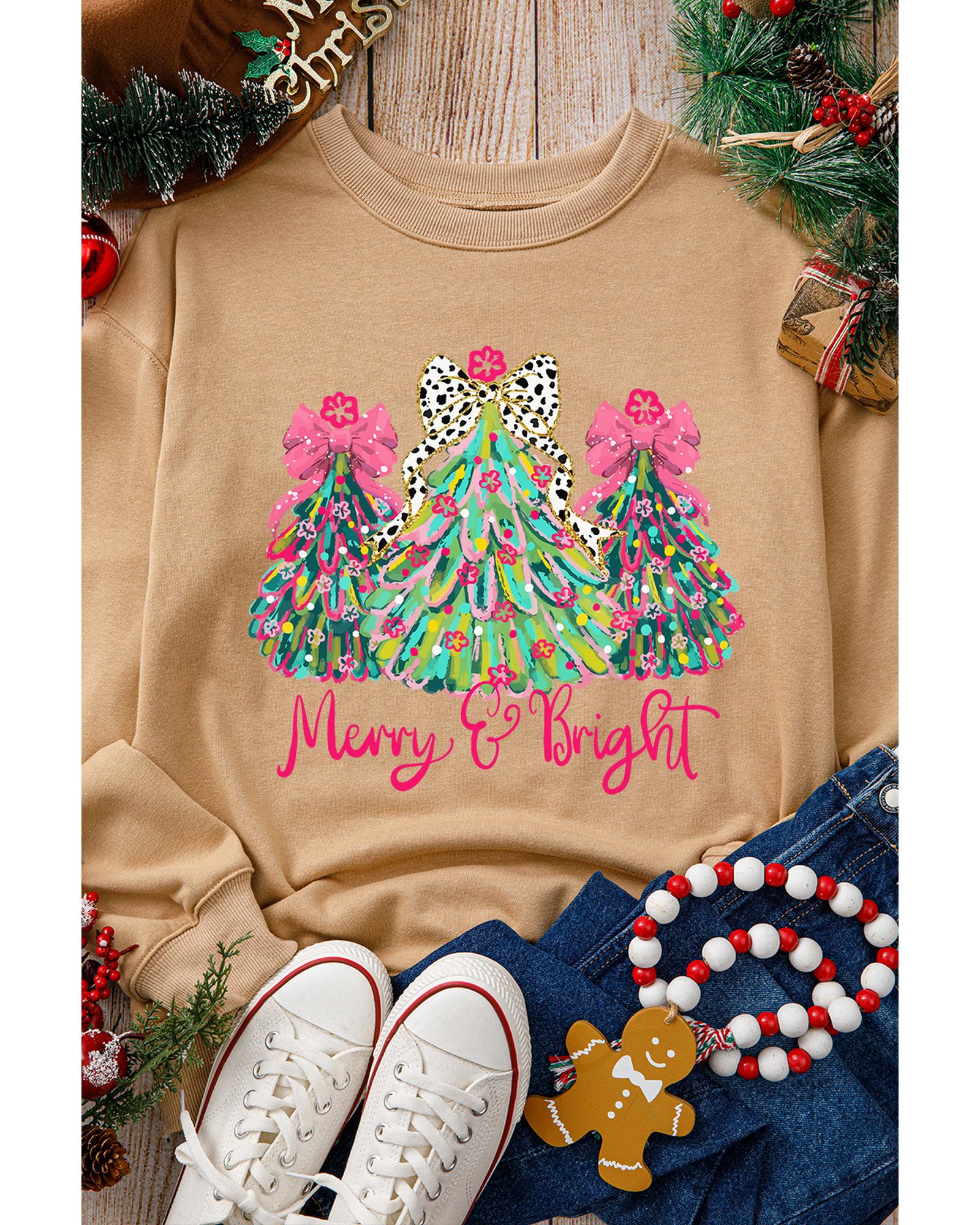 Khaki Merry & Bright Christmas Tree Print Pullover Sweatshirt - XL