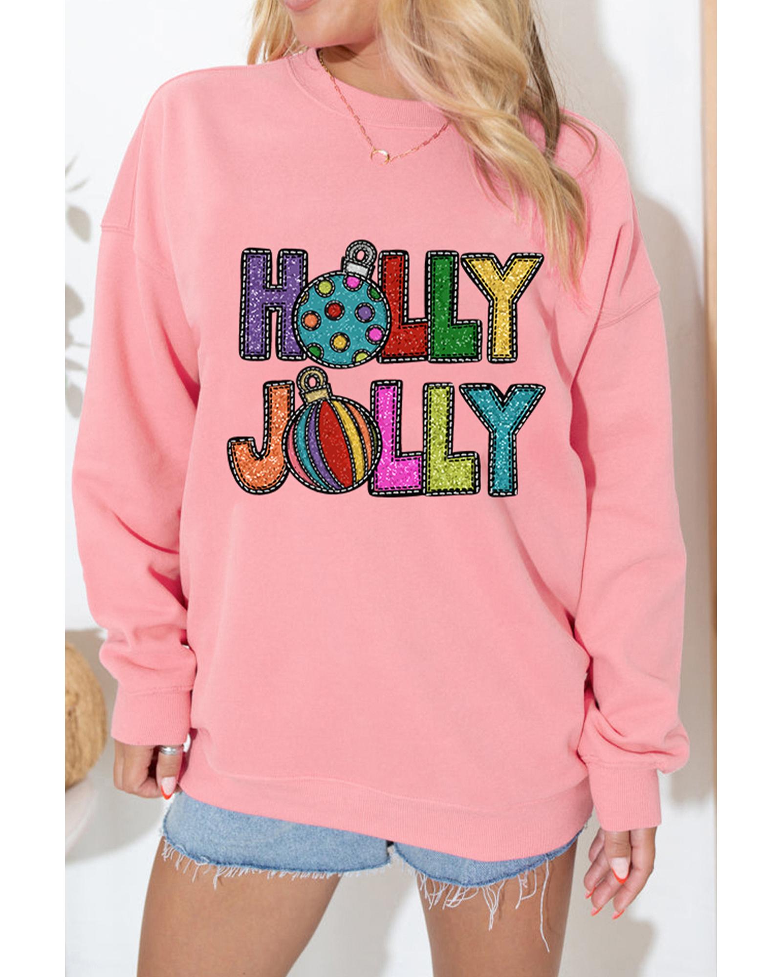 Pink HOLLY JOLLY Christmas Festive Letter Graphic Sweatshirt - M