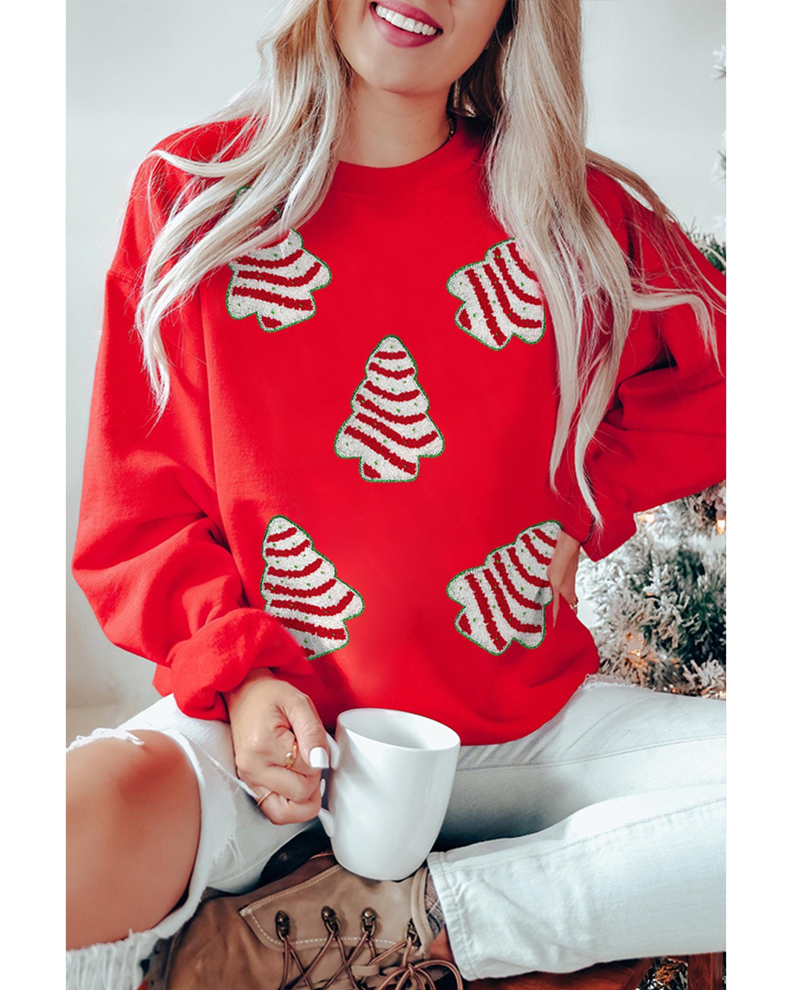 Red Playful Christmas Tree Patched Dropped Shoulder Sweatshirt - L