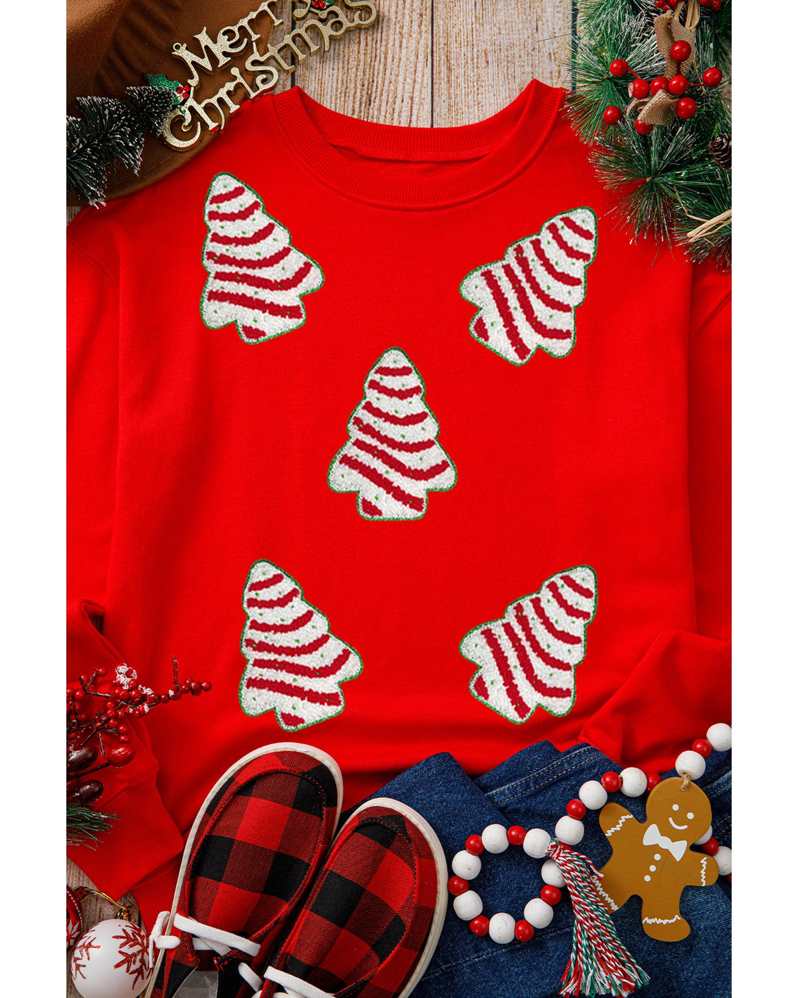 Red Playful Christmas Tree Patched Dropped Shoulder Sweatshirt - M