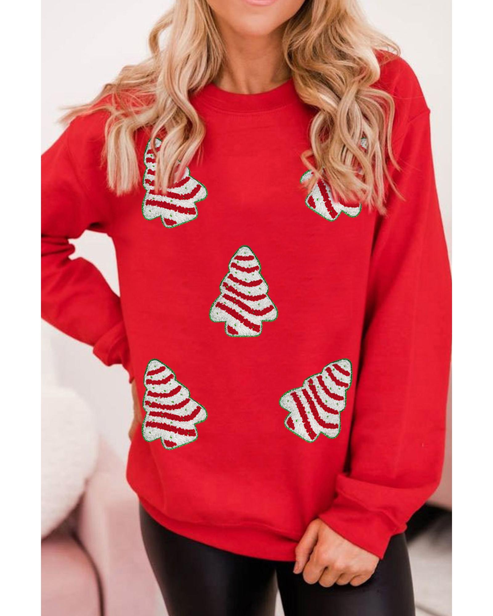 Red Playful Christmas Tree Patched Dropped Shoulder Sweatshirt - S