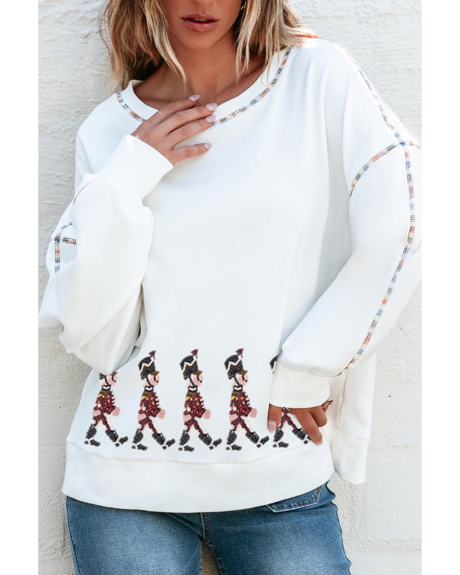 White Colorful Stitches Trim Sequined Nutcracker Doll Graphic Sweatshirt - M