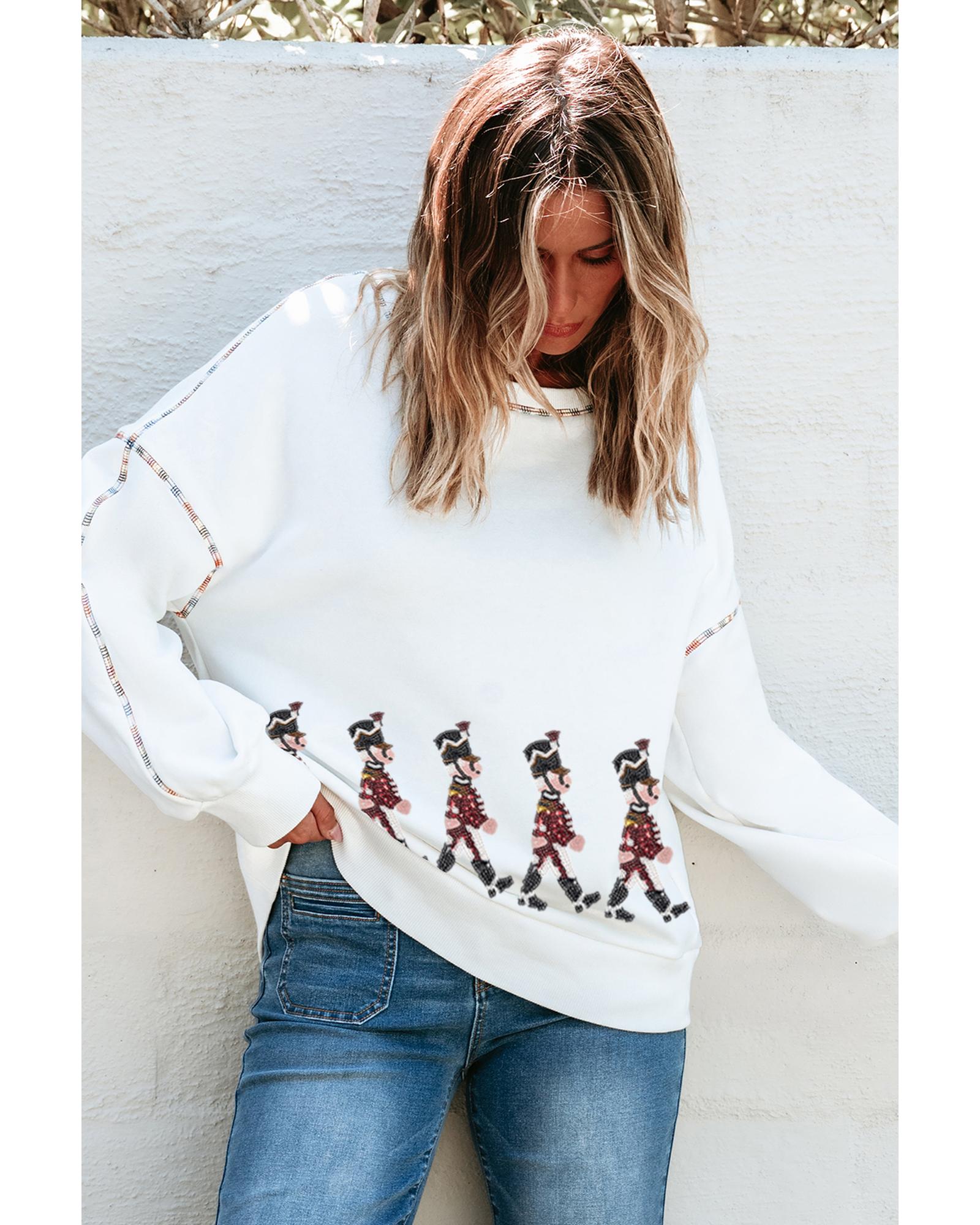 White Colorful Stitches Trim Sequined Nutcracker Doll Graphic Sweatshirt - M