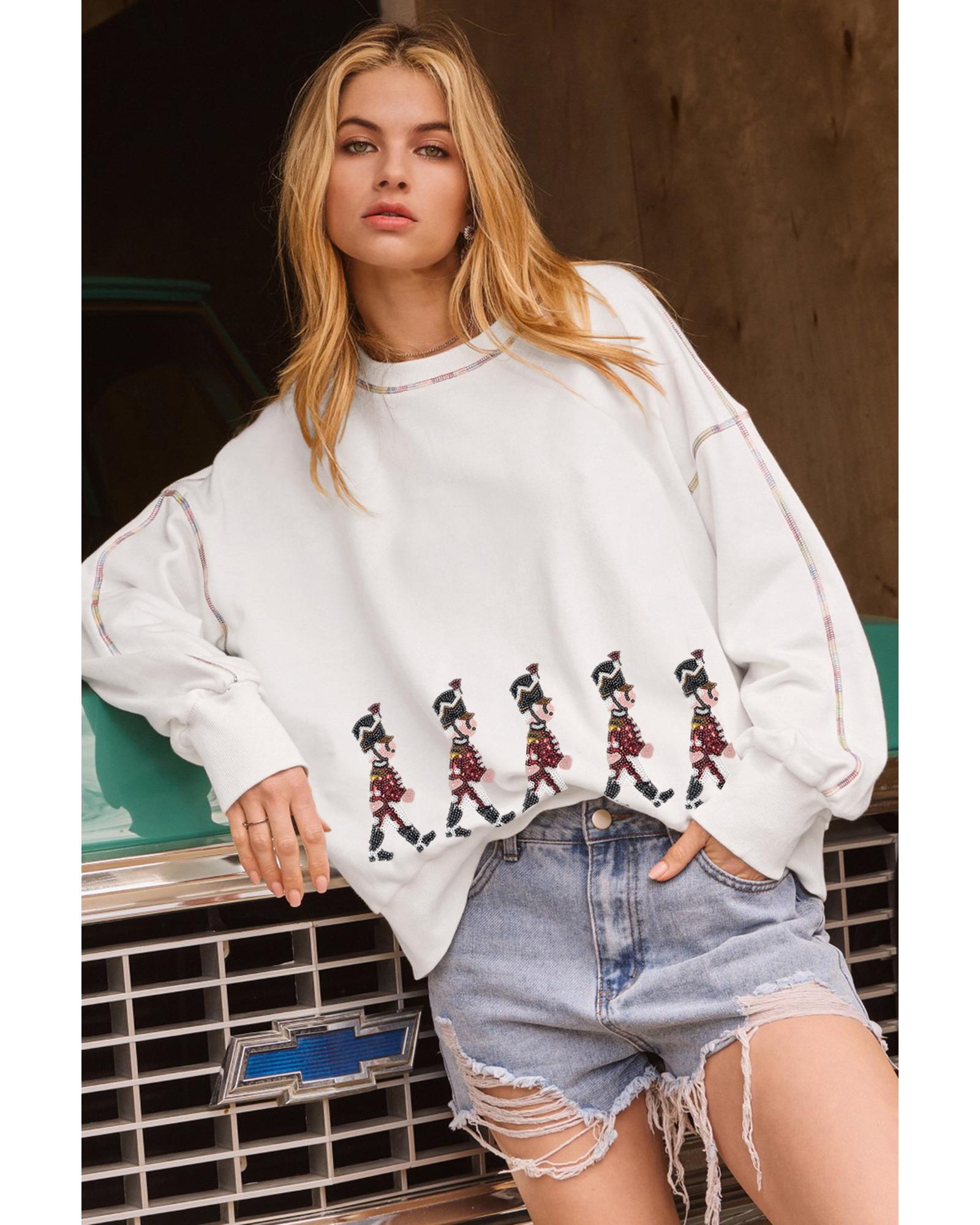 White Colorful Stitches Trim Sequined Nutcracker Doll Graphic Sweatshirt - M