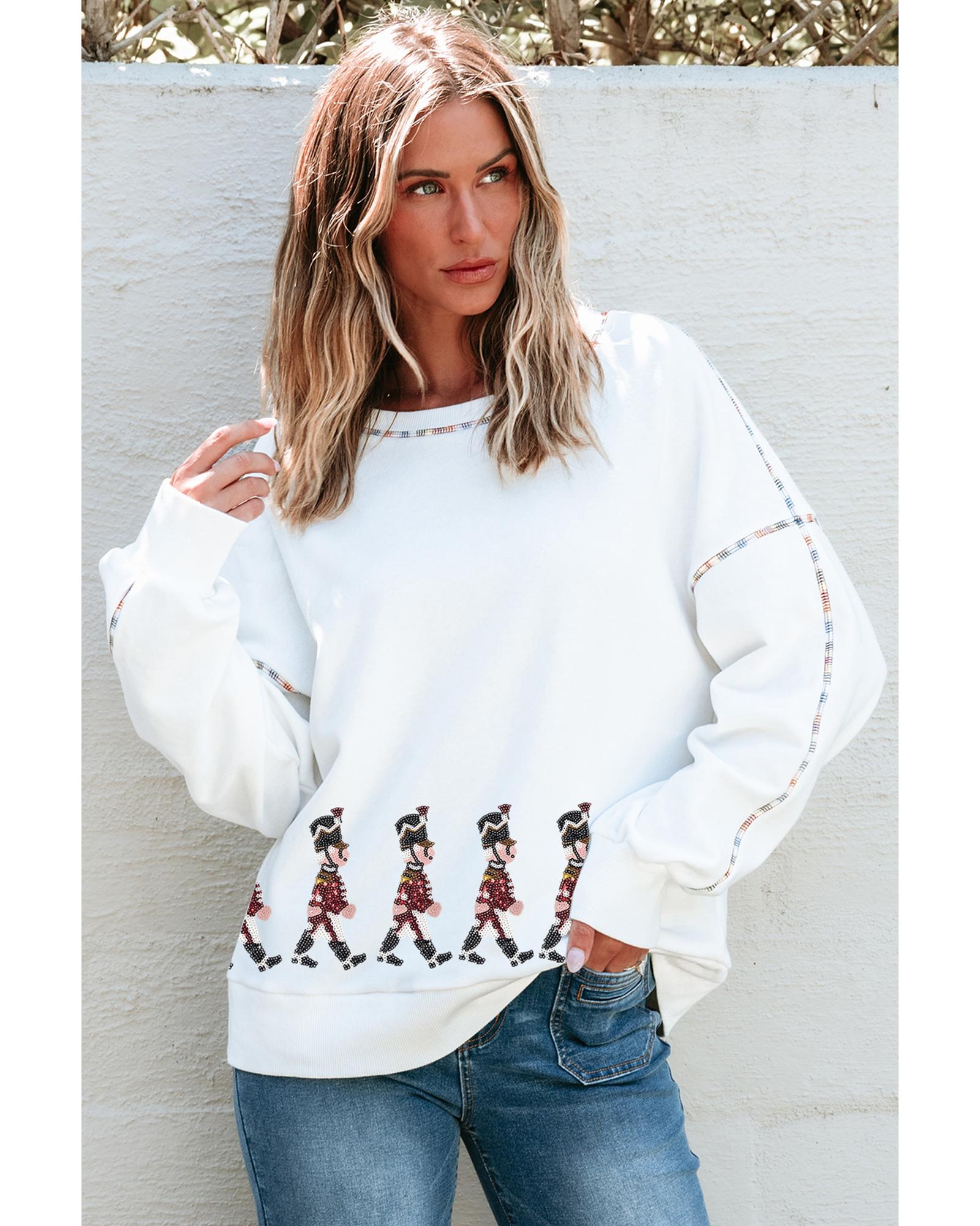 White Colorful Stitches Trim Sequined Nutcracker Doll Graphic Sweatshirt - M