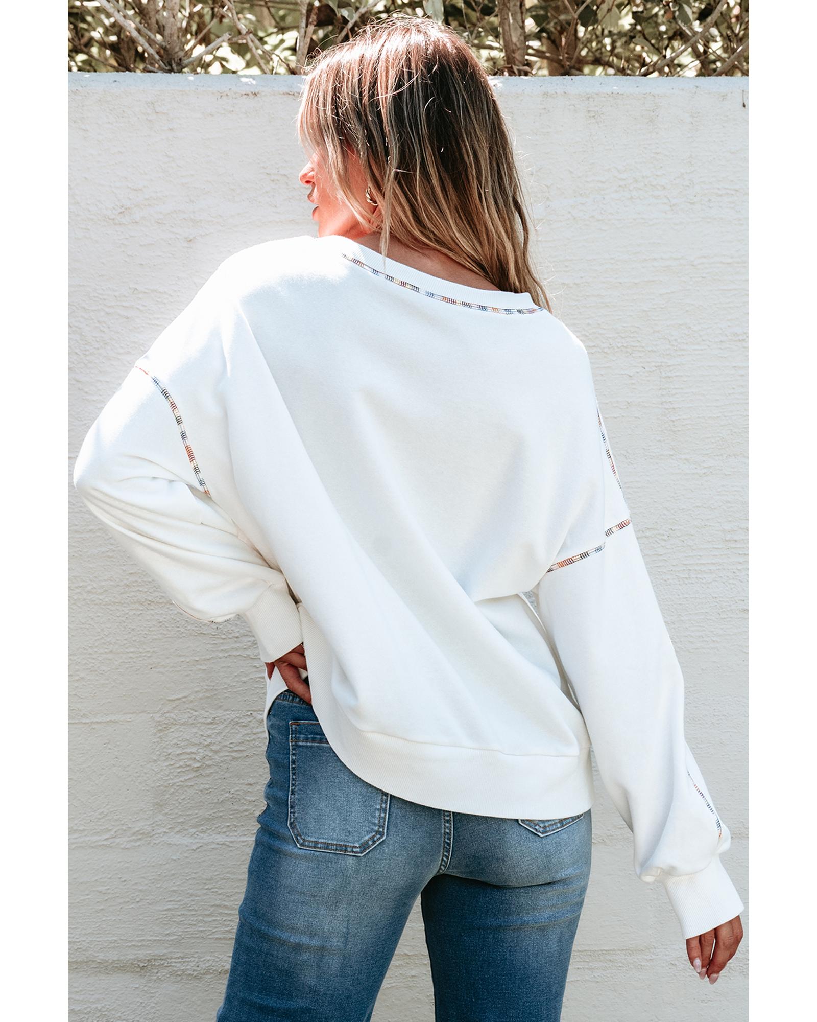 White Colorful Stitches Trim Sequined Nutcracker Doll Graphic Sweatshirt - M