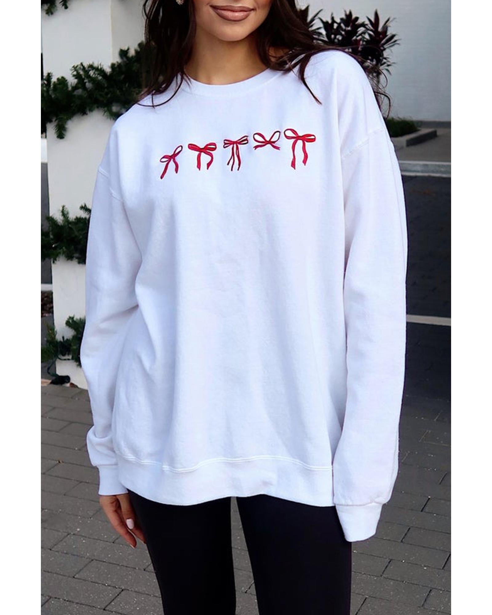 White Diverse Bow Embroidery Drop Shoulder Sweatshirt - S