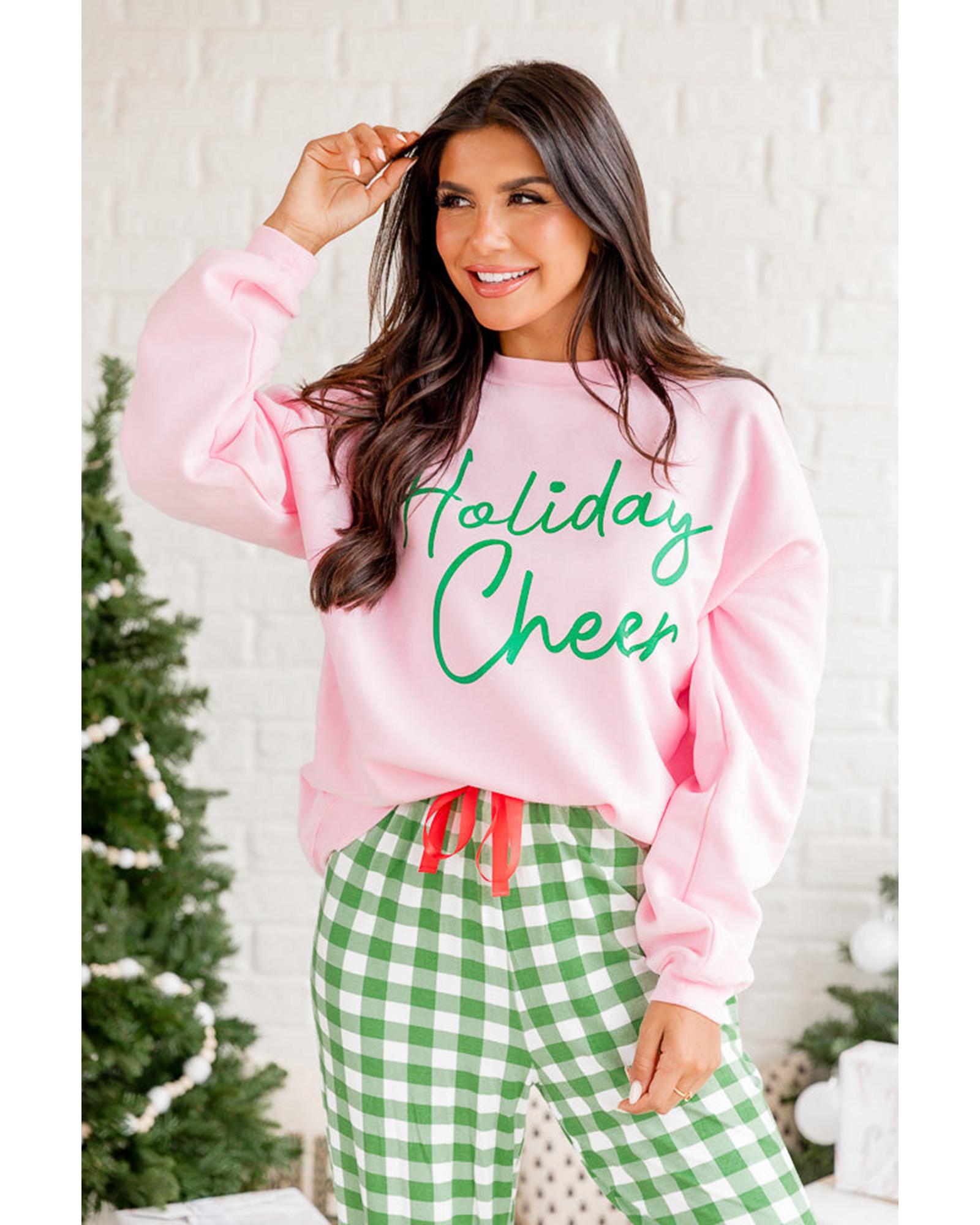 Pink Holiday Cheer Letter Graphic Christmas Slogan Sweatshirt - L