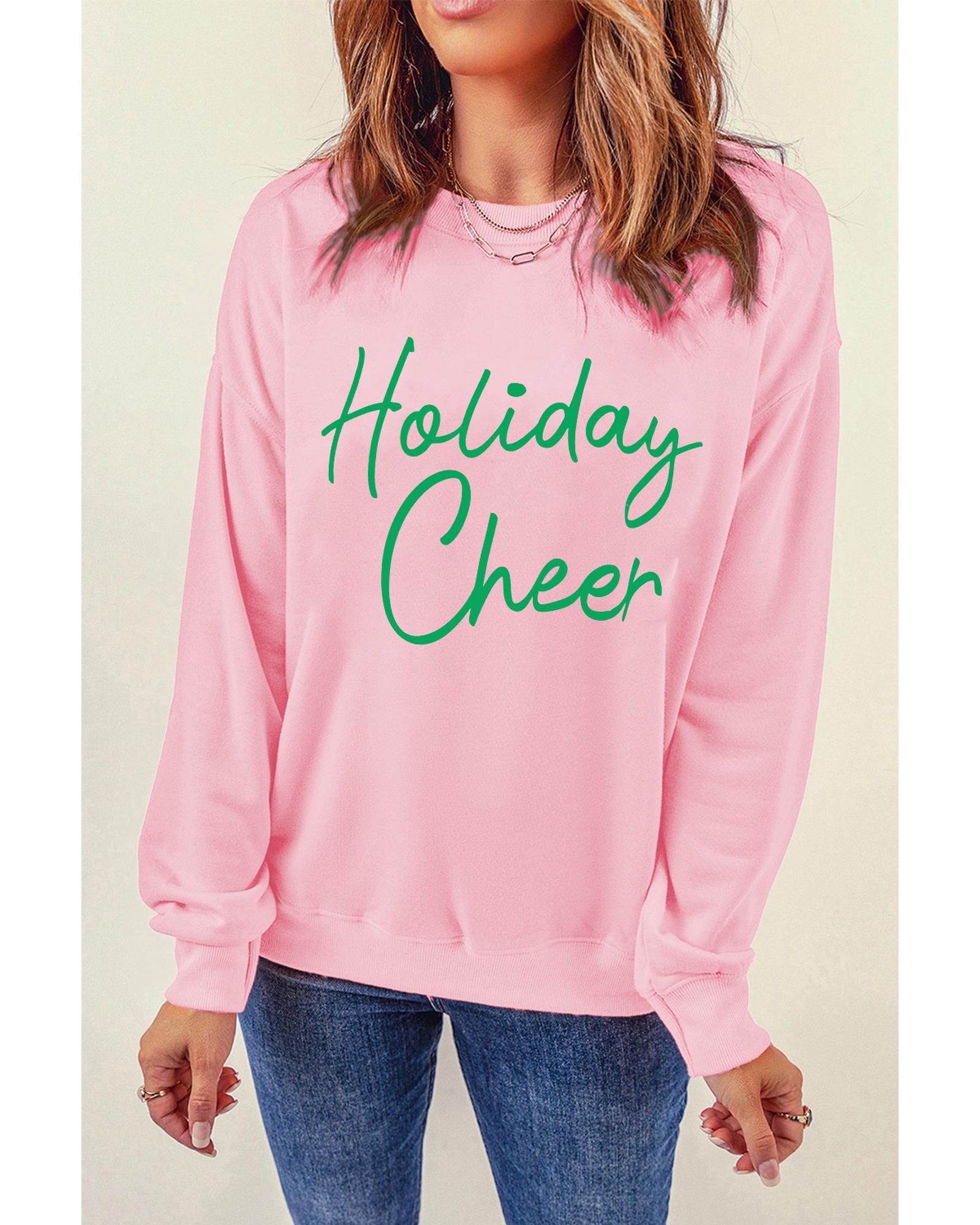 Pink Holiday Cheer Letter Graphic Christmas Slogan Sweatshirt - M