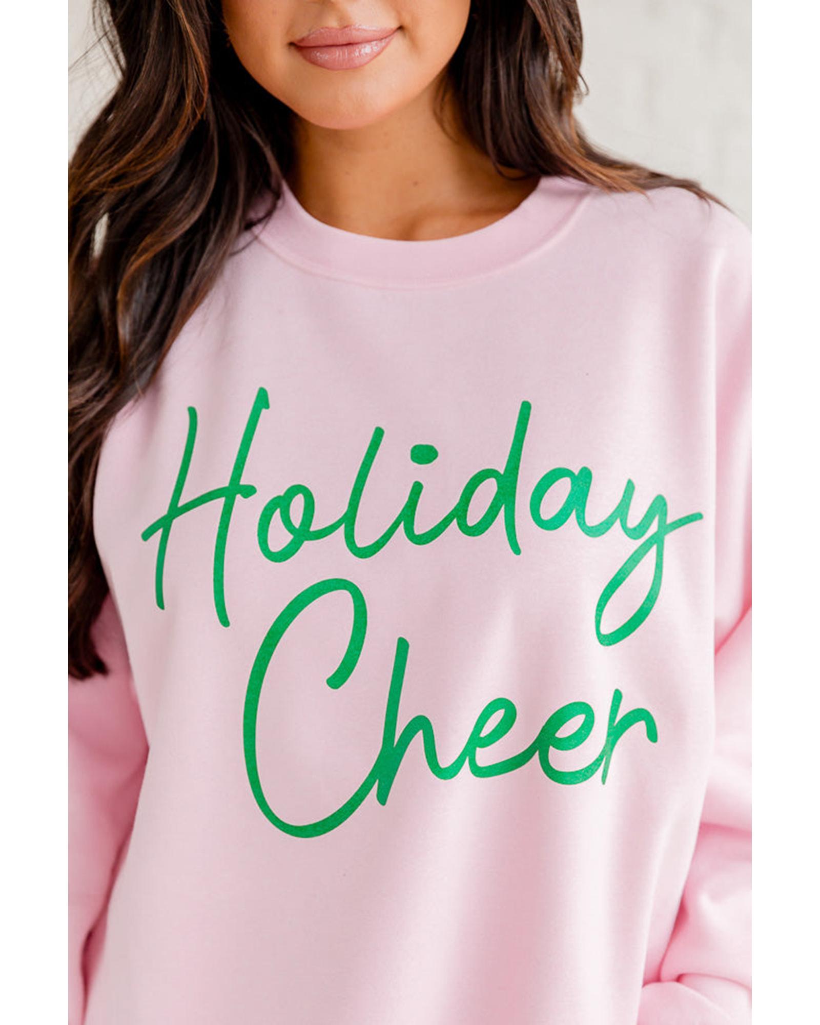 Pink Holiday Cheer Letter Graphic Christmas Slogan Sweatshirt - S