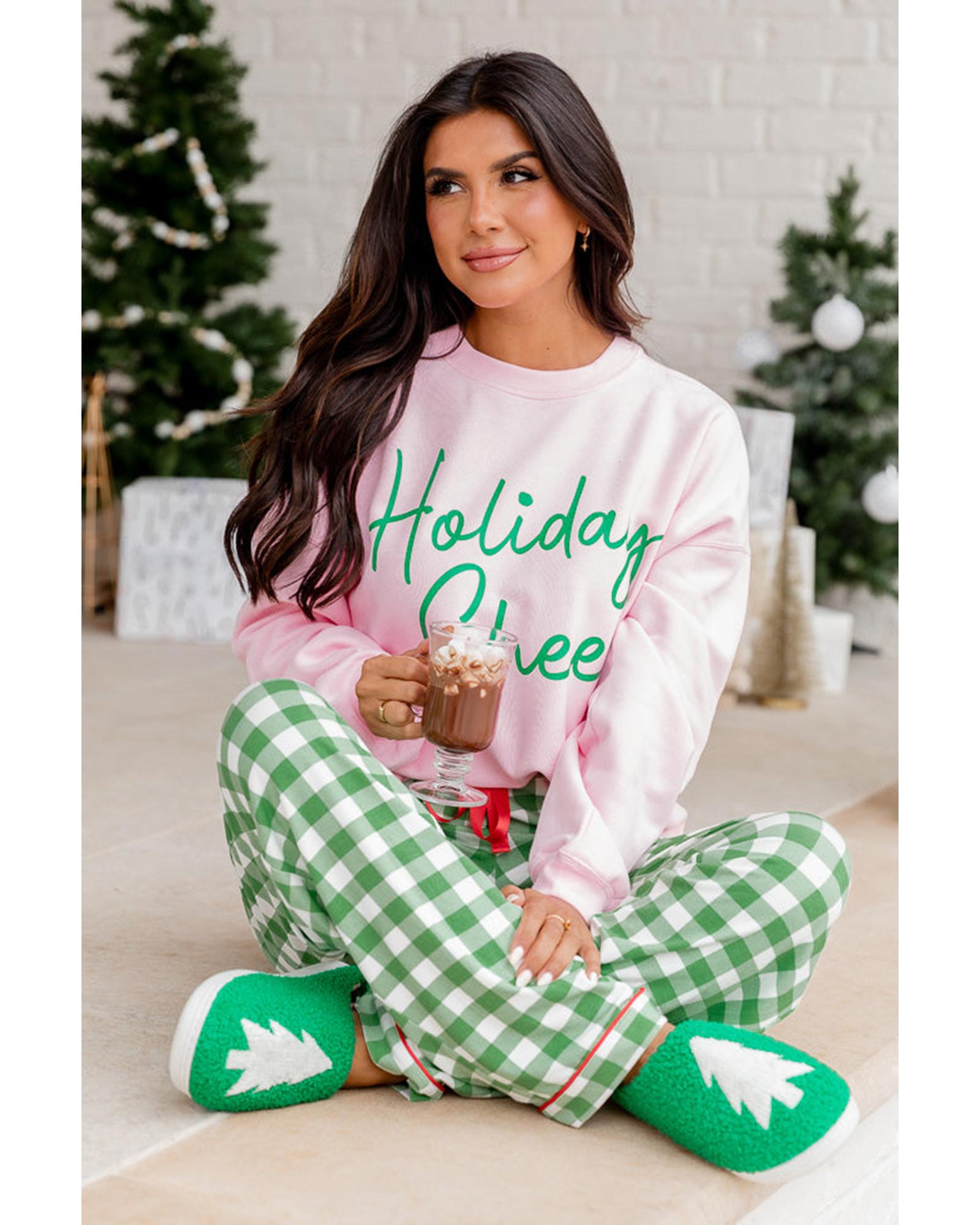 Pink Holiday Cheer Letter Graphic Christmas Slogan Sweatshirt - S