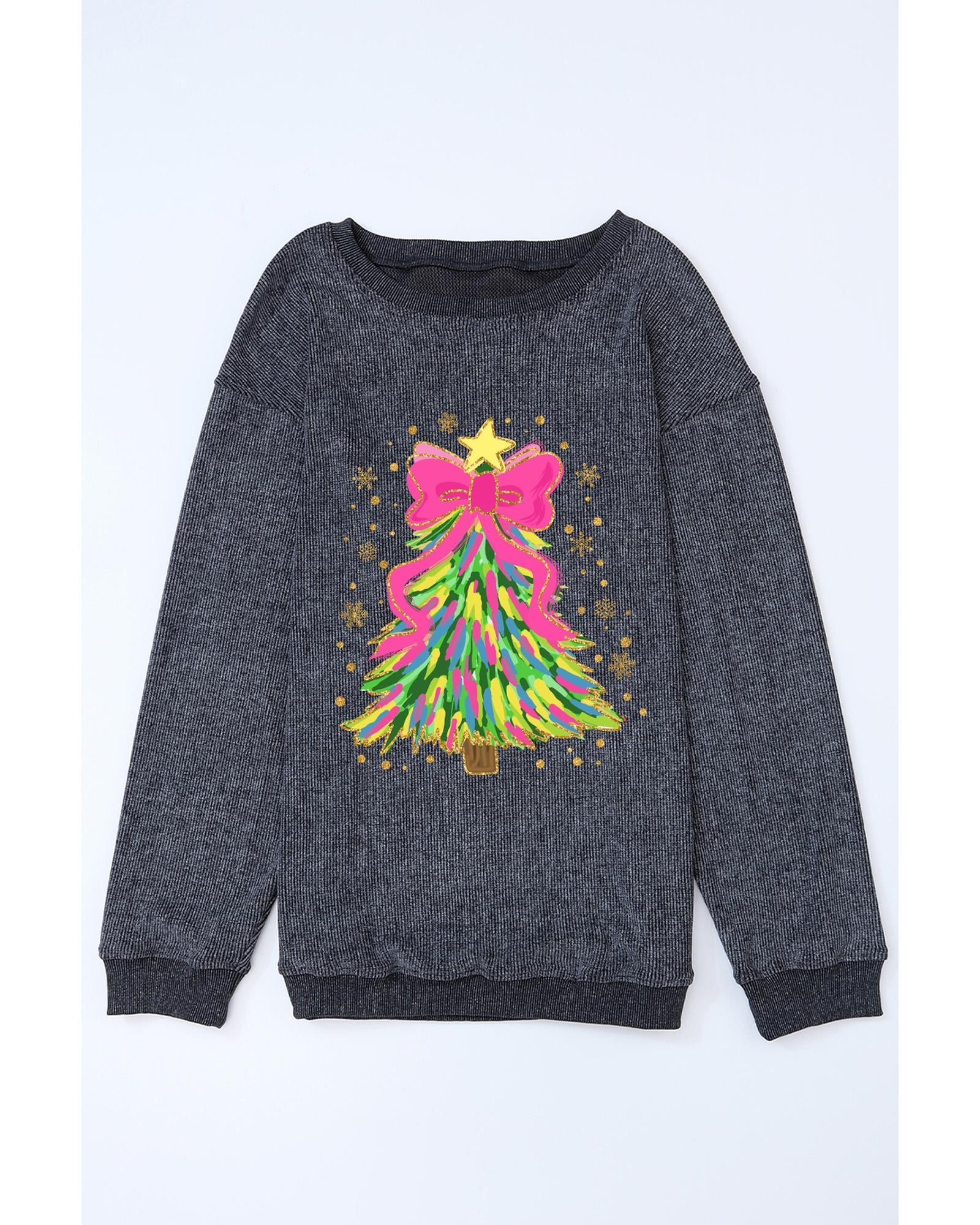 Gray Stunning Christmas Tree Printed Drop Shoulder Corded Sweatshirt - M