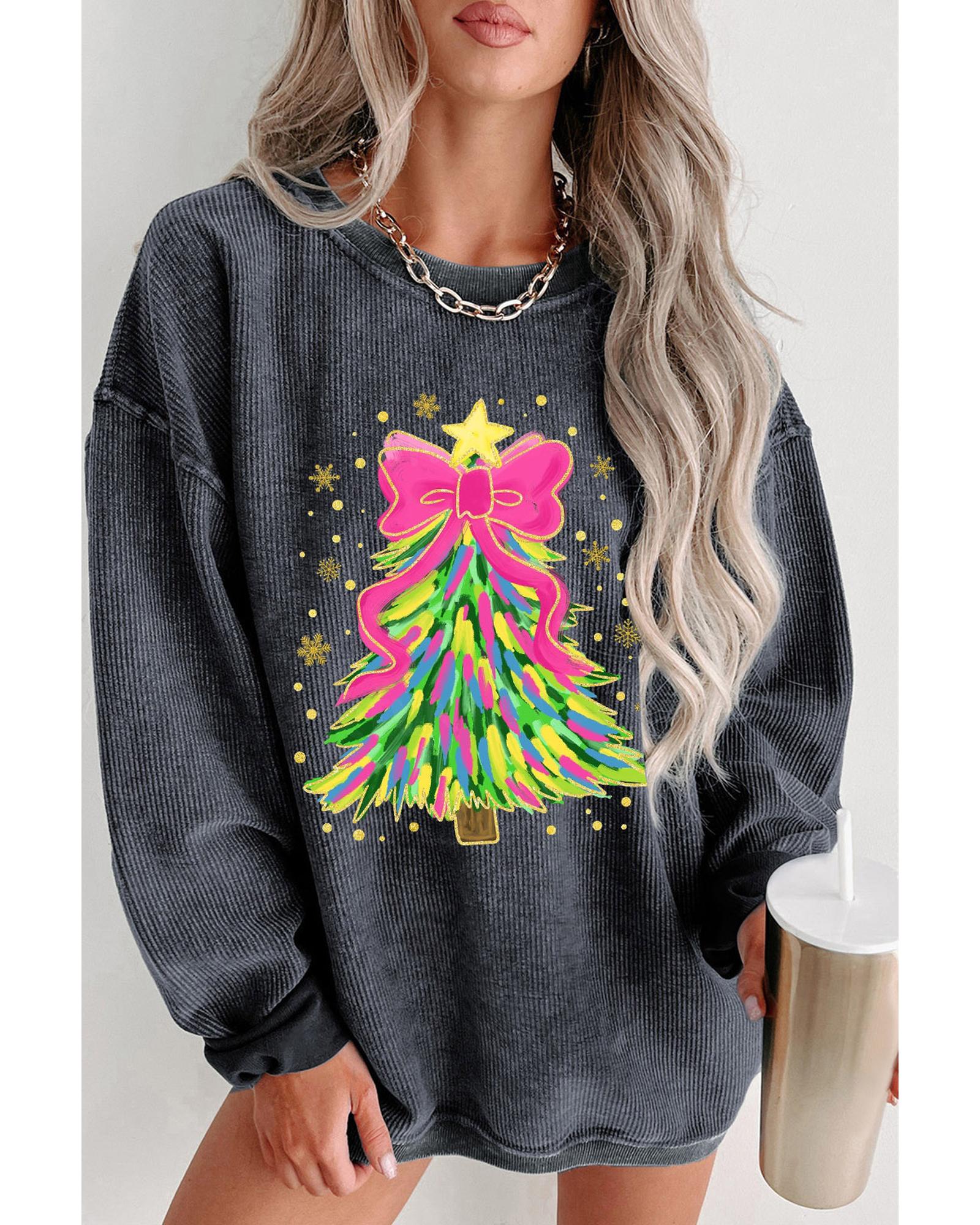 Gray Stunning Christmas Tree Printed Drop Shoulder Corded Sweatshirt - M