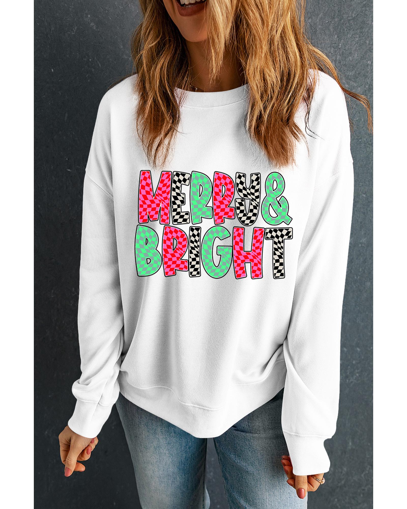 White MERRY & BRIGHT Checkered Print Crew Neck Sweatshirt - L