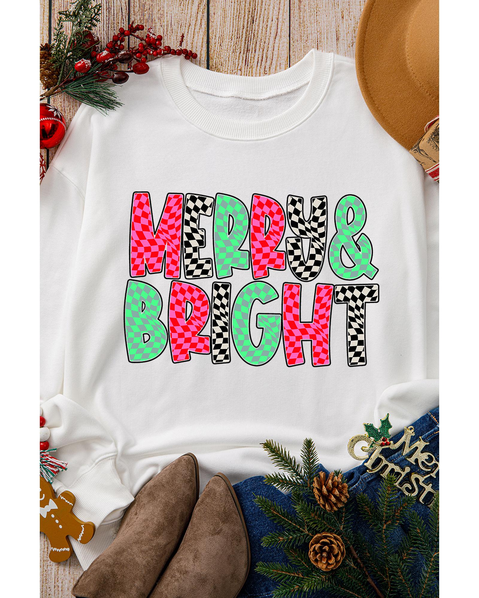 White MERRY & BRIGHT Checkered Print Crew Neck Sweatshirt - L