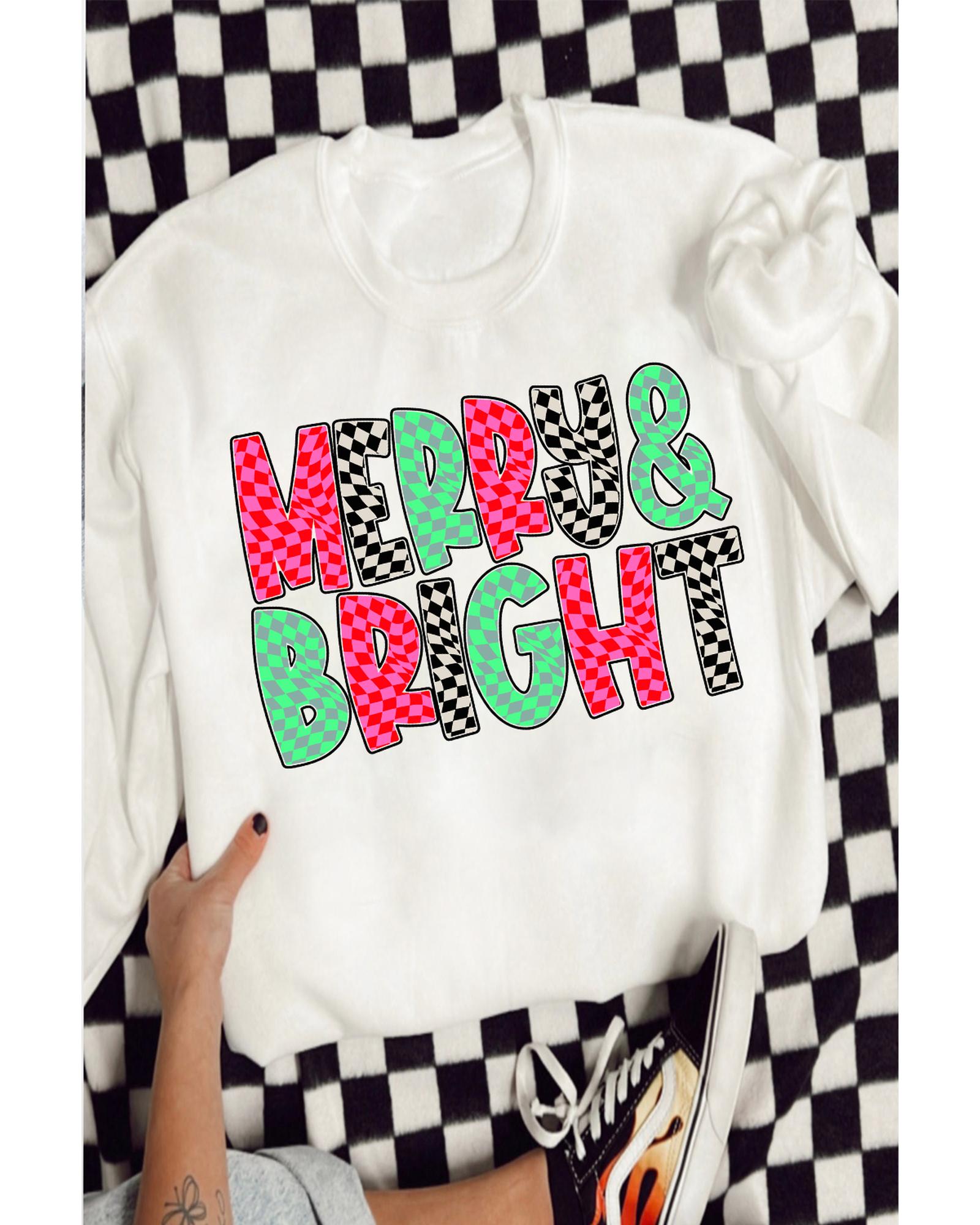 White MERRY & BRIGHT Checkered Print Crew Neck Sweatshirt - L